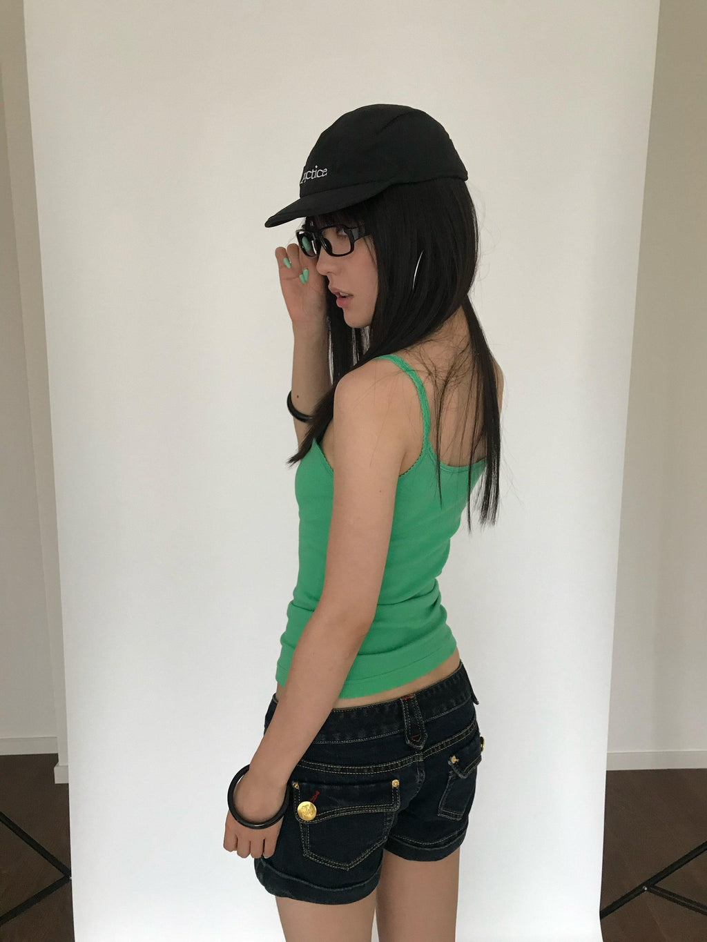 Miko esst Fruit Green Ribbed Lace Henley Button Collar Slim Women's Cotton Blend Camisoles
