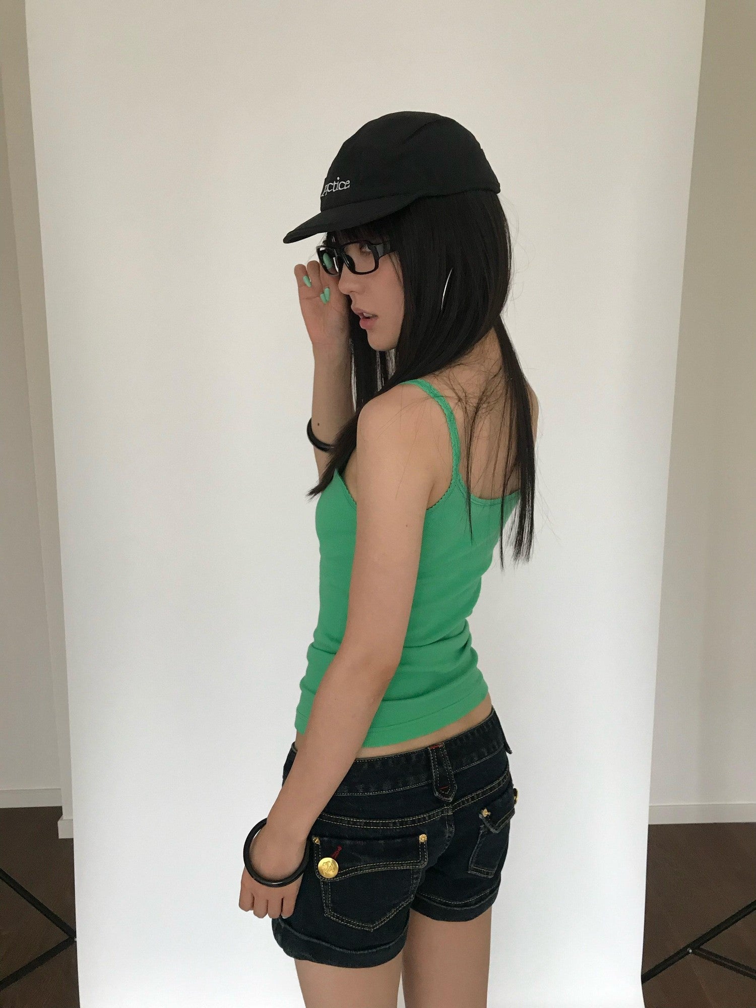 Miko esst Fruit Green Ribbed Lace Henley Button Collar Slim Women's Cotton Blend Camisoles
