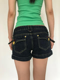 Miko esst Low Waist Gold Button Contrast Embroidery Distressed Wash Women's Denim Shorts