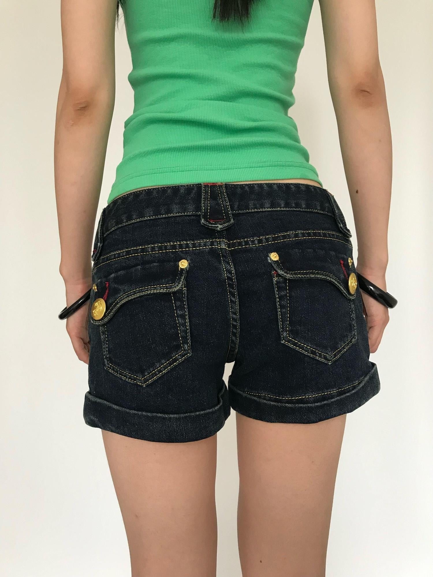 Miko esst Low Waist Gold Button Contrast Embroidery Distressed Wash Women's Denim Shorts