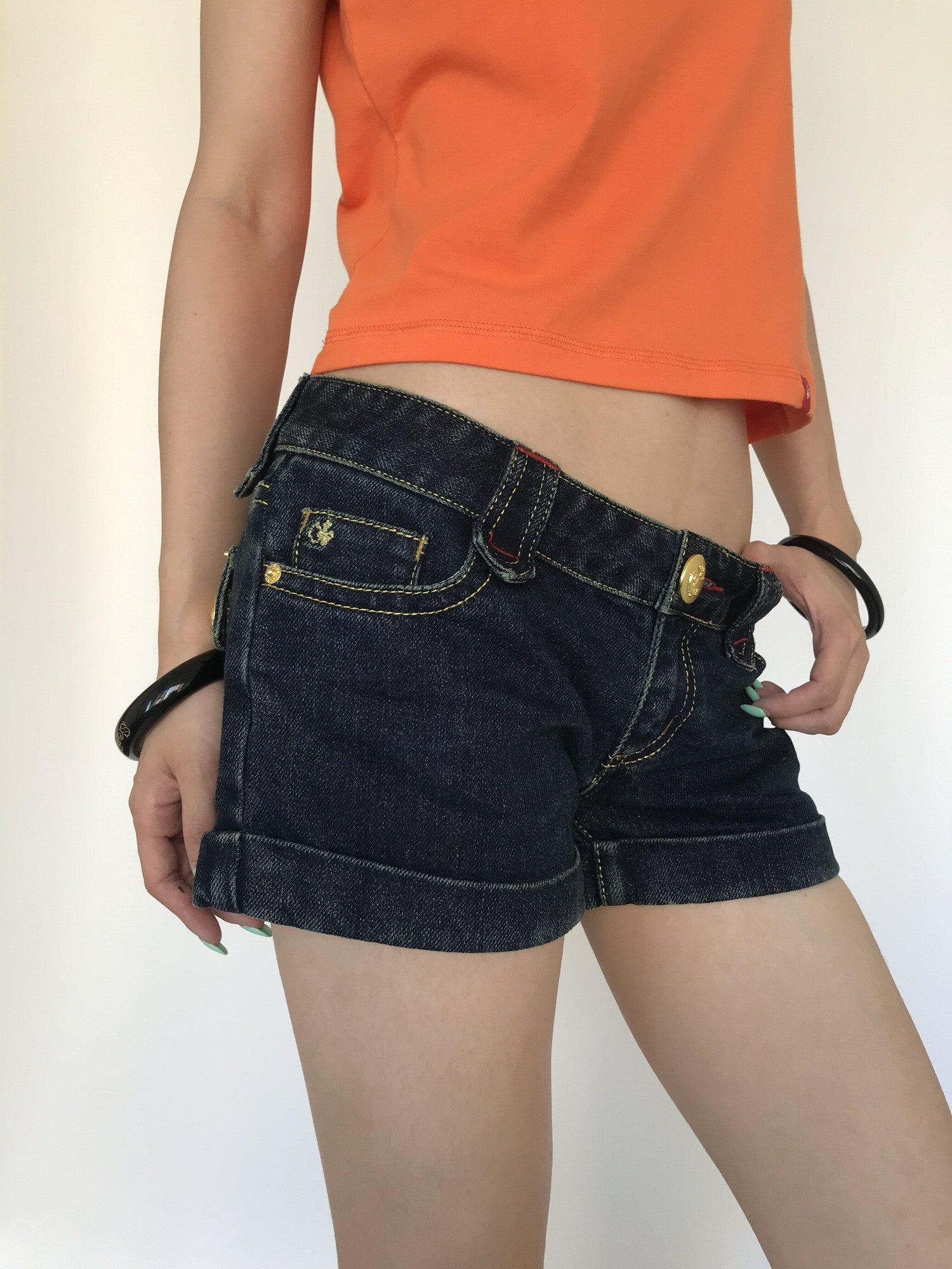 Miko esst Low Waist Gold Button Contrast Embroidery Distressed Wash Women's Denim Shorts