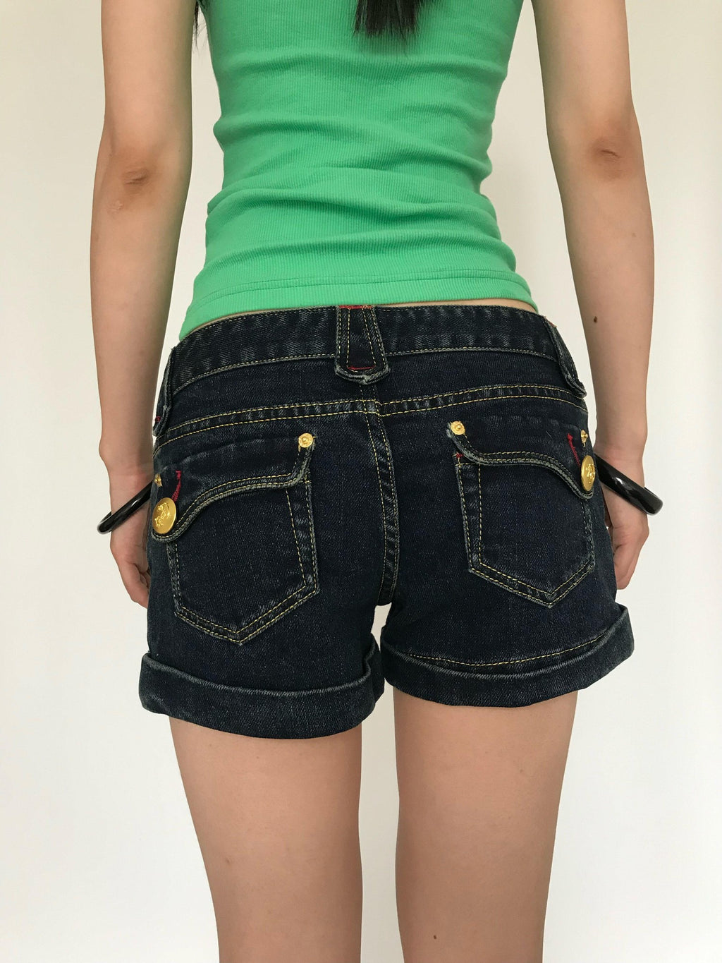 Miko esst Low Waist Gold Button Contrast Embroidery Distressed Wash Women's Denim Shorts