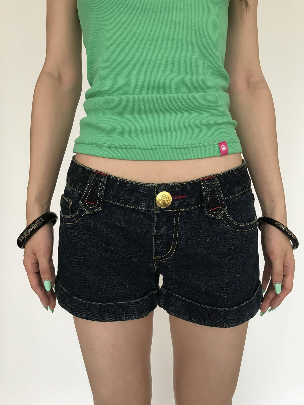 Miko esst Low Waist Gold Button Contrast Embroidery Distressed Wash Women's Denim Shorts