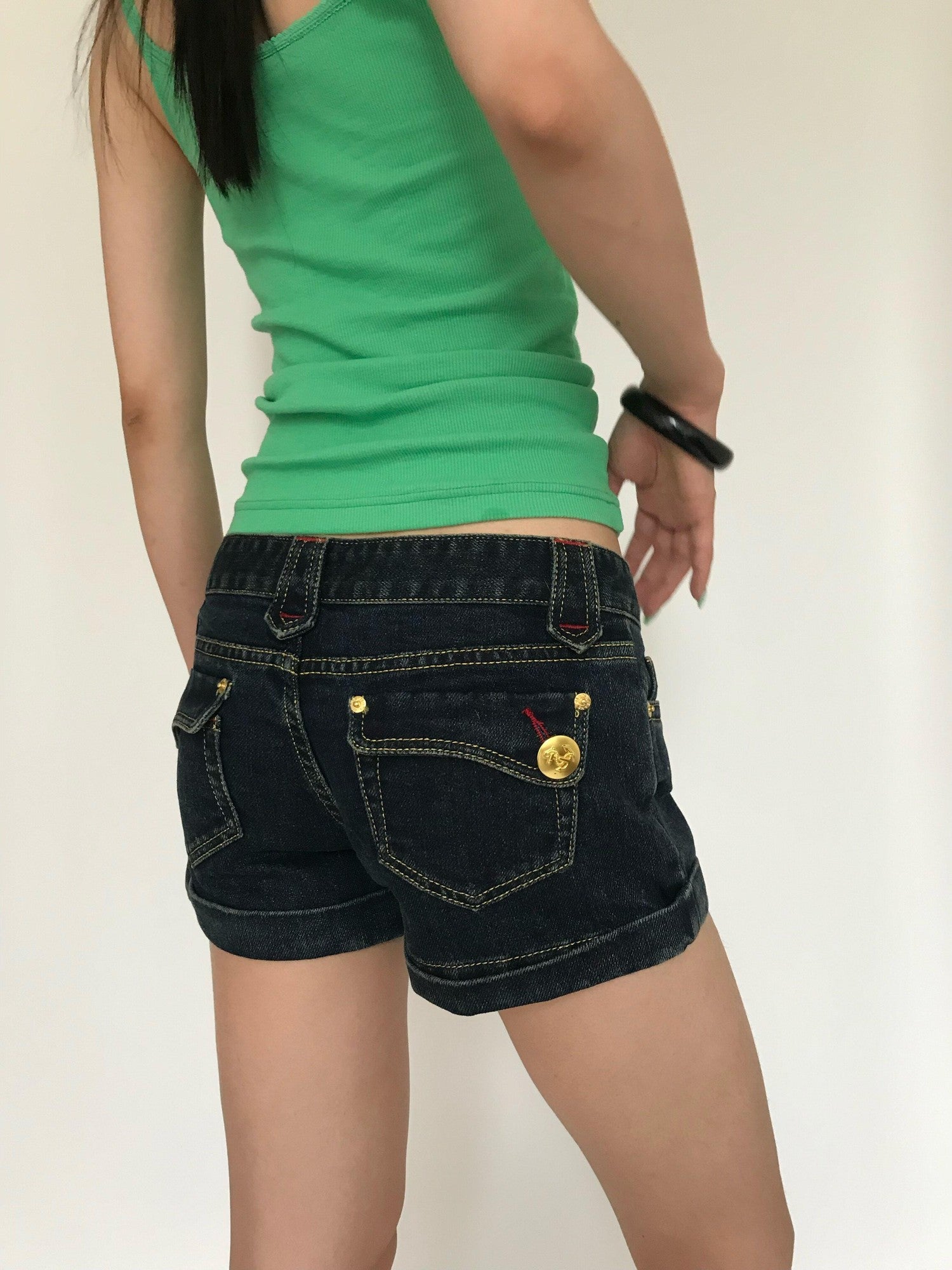 Miko esst Low Waist Gold Button Contrast Embroidery Distressed Wash Women's Denim Shorts