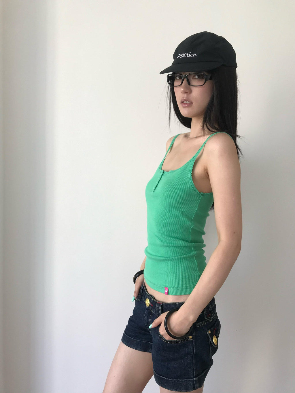 Miko esst Low Waist Gold Button Contrast Embroidery Distressed Wash Women's Denim Shorts