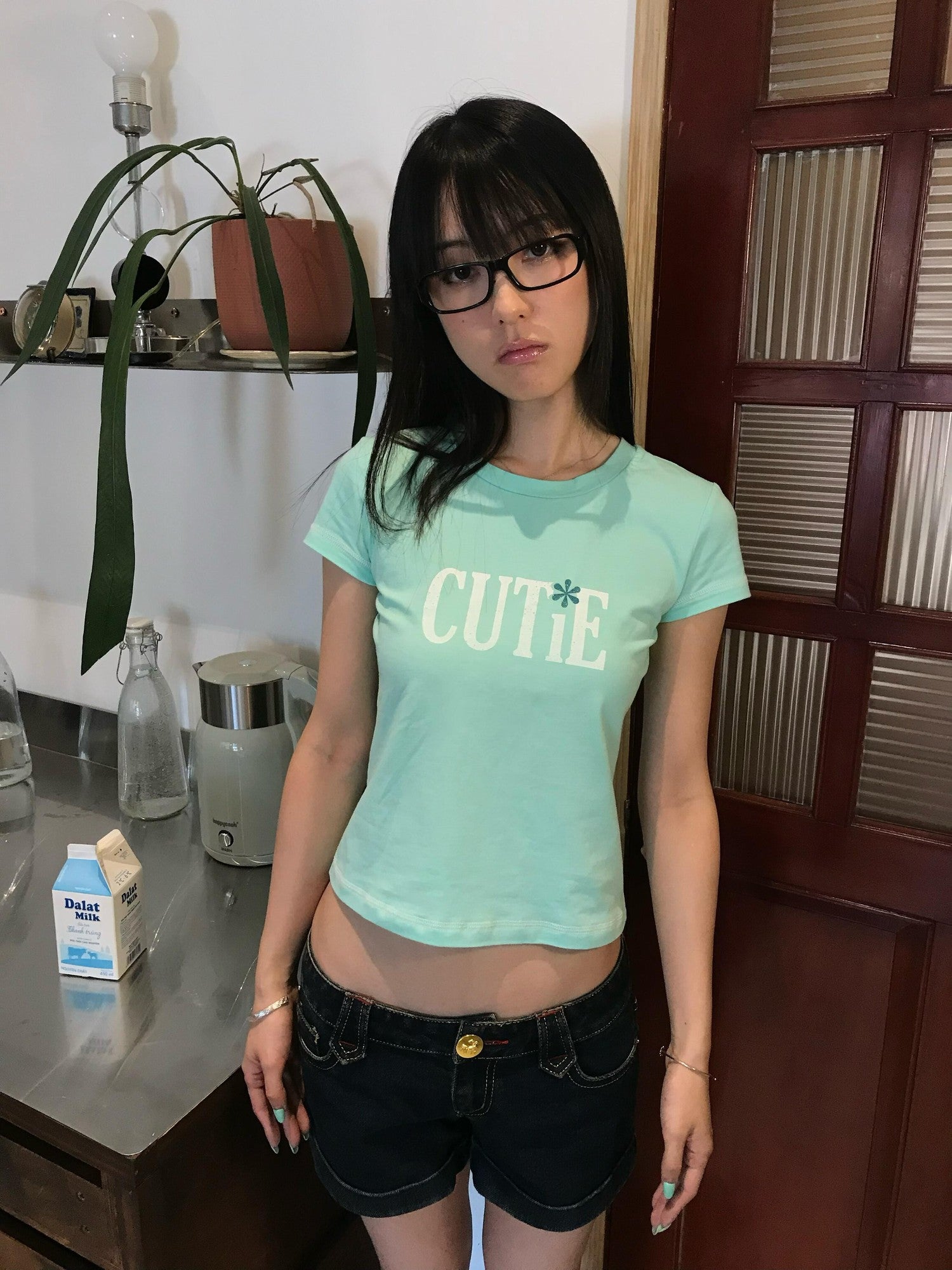 Miko esst Mint Green Vintage Print Glitter Set In Shoulder Women's Short Sleeve T-shirts