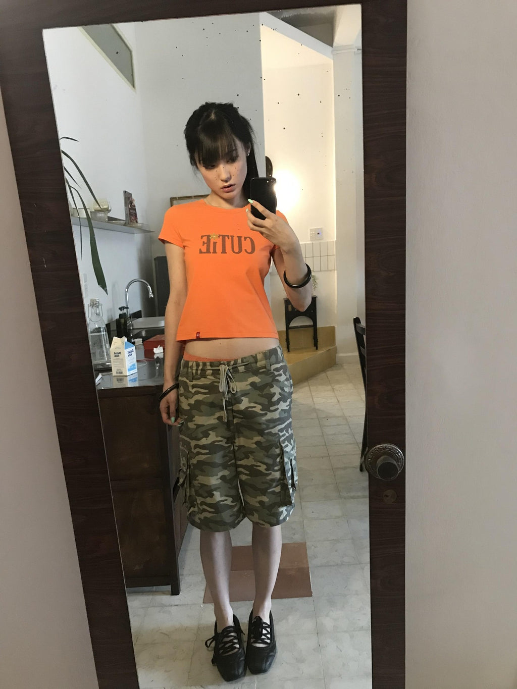 Miko esst Mint Green Vintage Print Glitter Set In Shoulder Women's Short Sleeve T-shirts