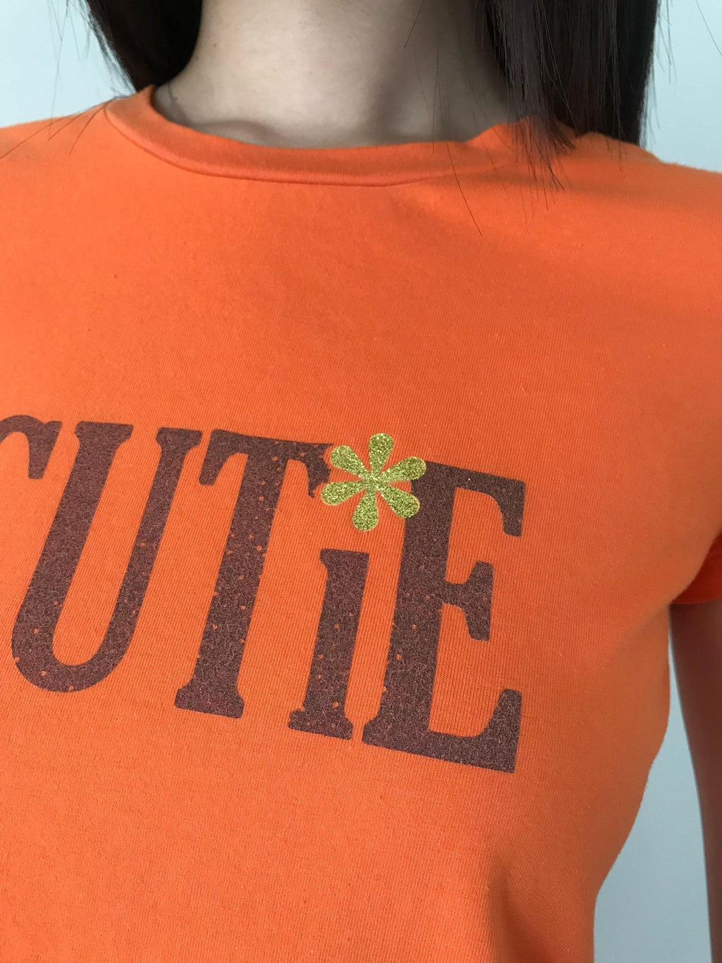 Miko esst Mint Green Vintage Print Glitter Set In Shoulder Women's Short Sleeve T-shirts