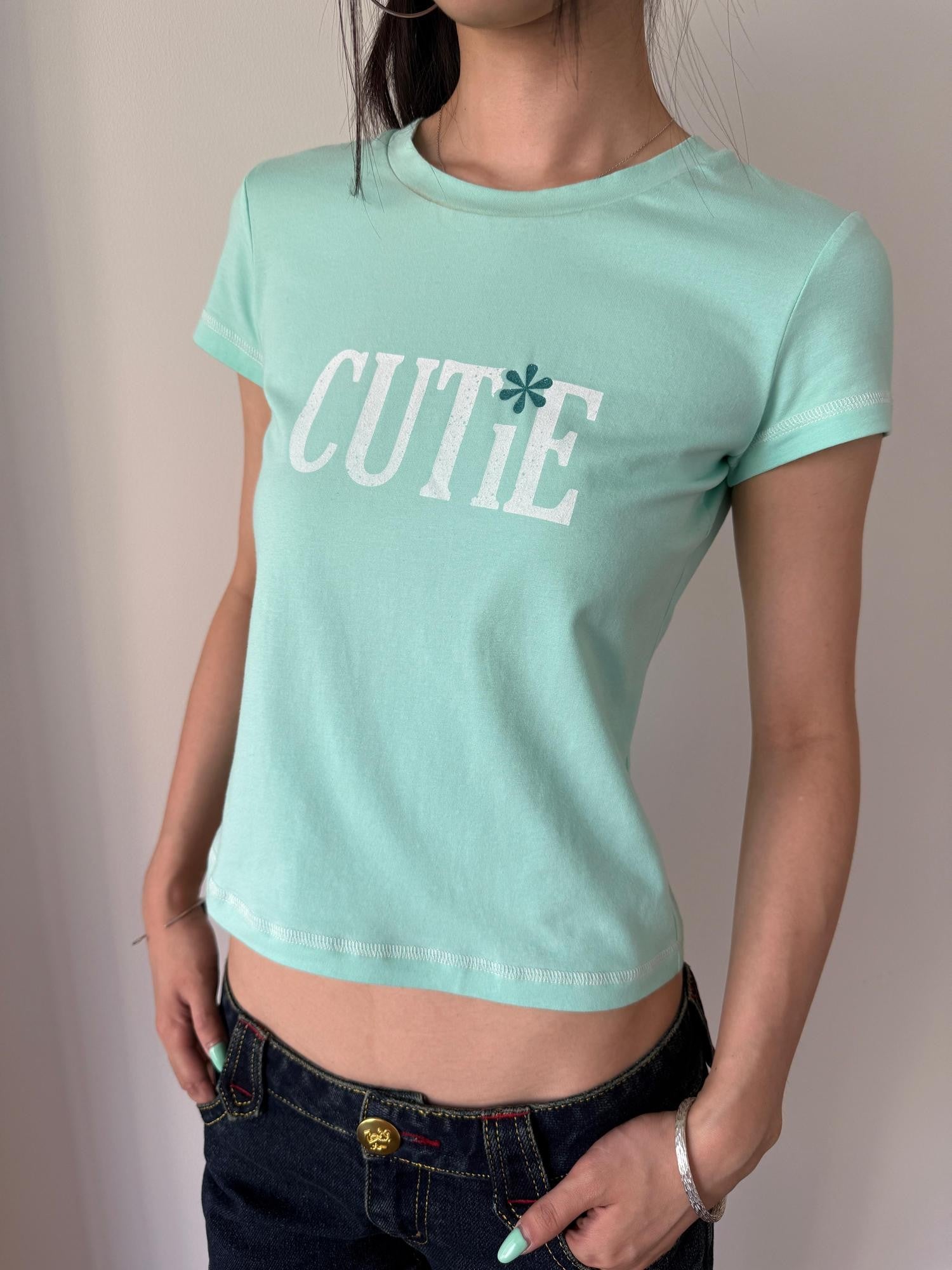 Miko esst Mint Green Vintage Print Glitter Set In Shoulder Women's Short Sleeve T-shirts