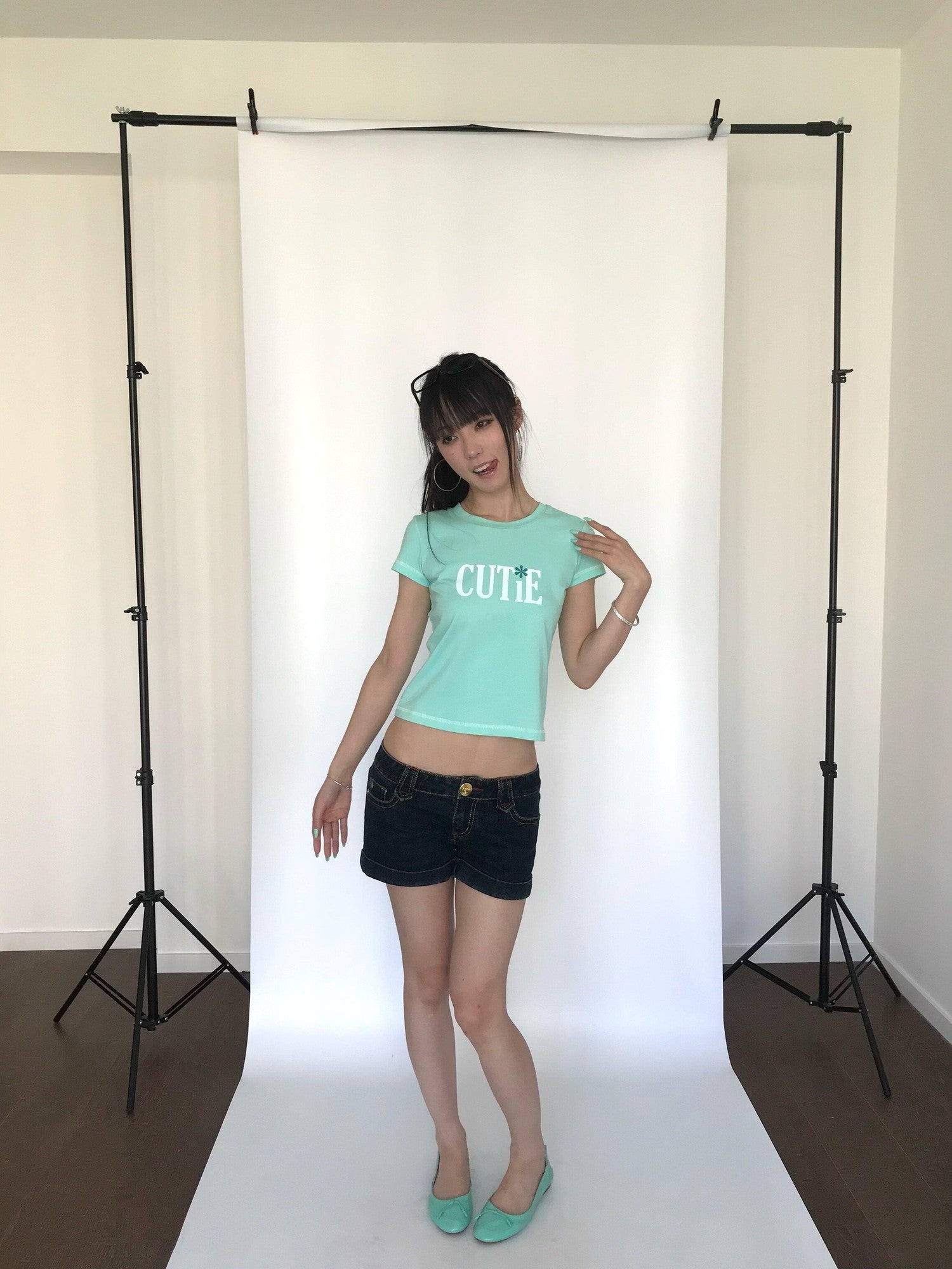 Miko esst Mint Green Vintage Print Glitter Set In Shoulder Women's Short Sleeve T-shirts