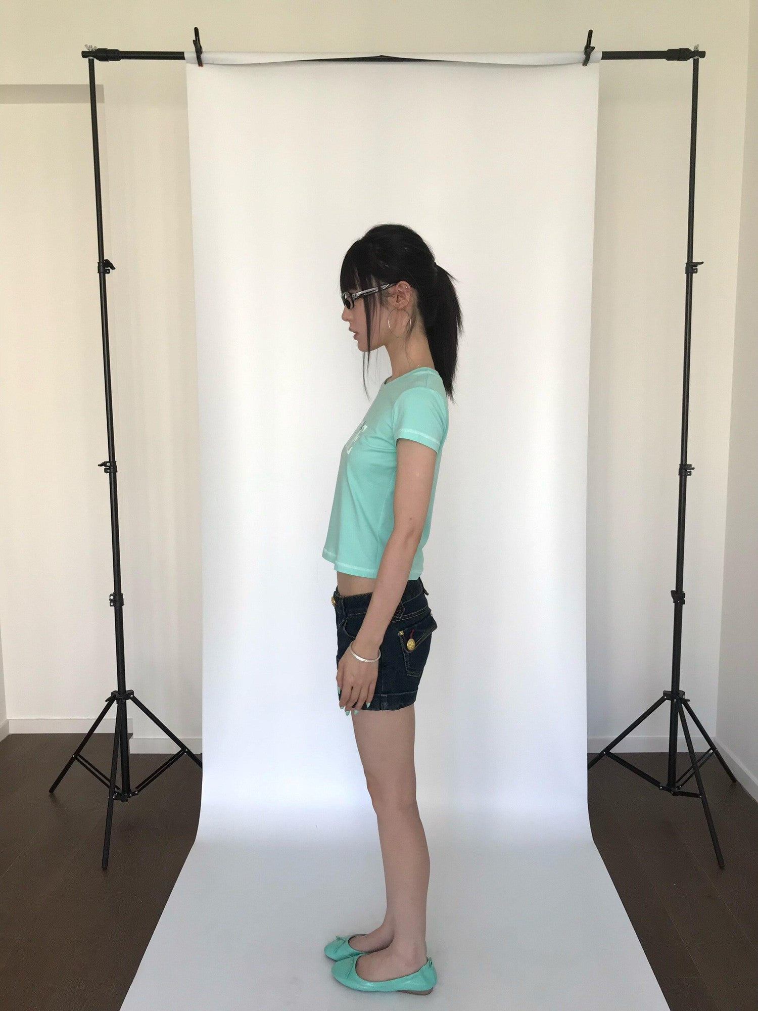 Miko esst Mint Green Vintage Print Glitter Set In Shoulder Women's Short Sleeve T-shirts