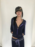 Miko esst Navy Terry Cropped Slim Retro Hooded Women's Cotton Blend Zip-up Hoodies