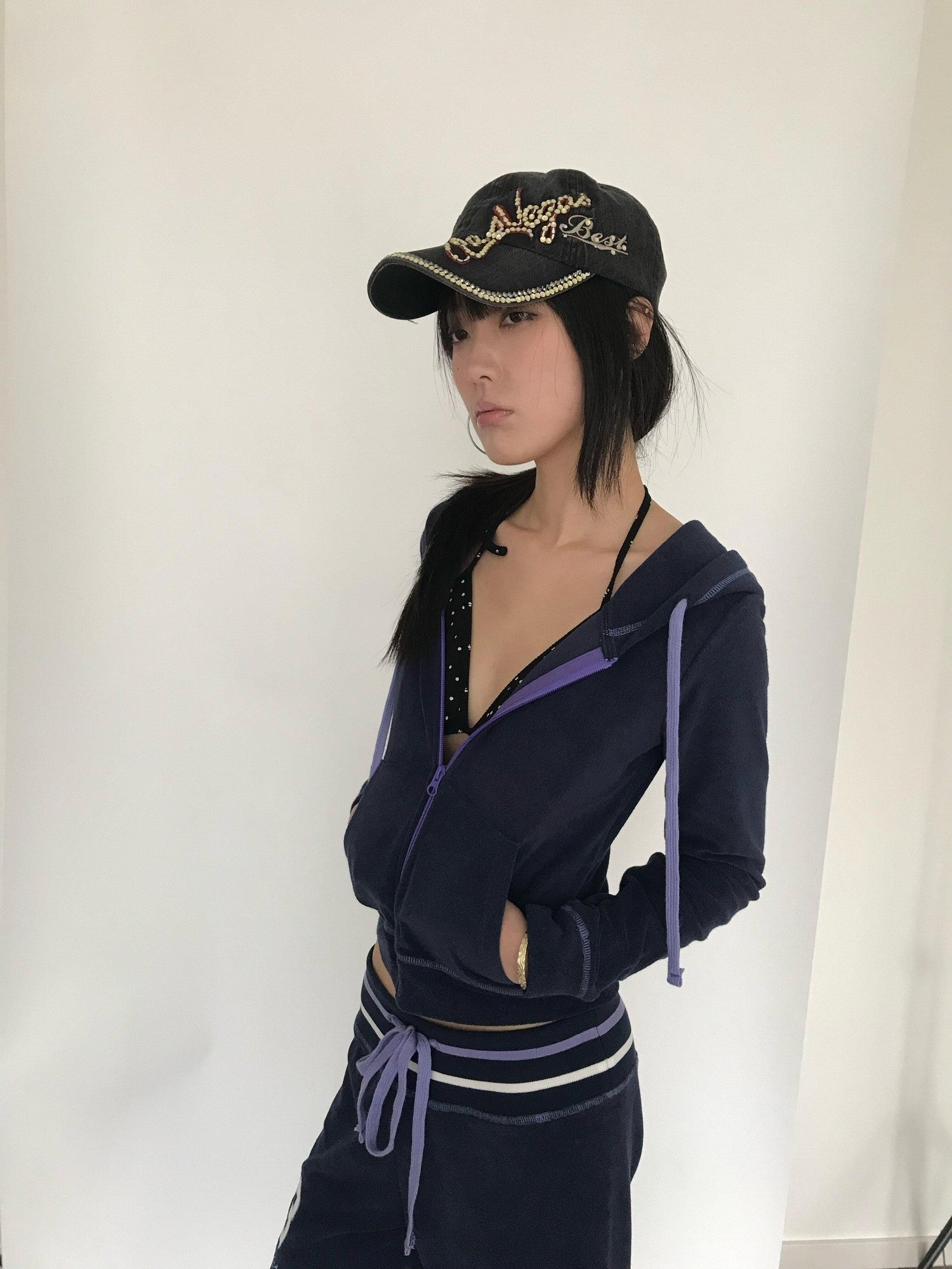 Miko esst Navy Terry Cropped Slim Retro Hooded Women's Cotton Blend Zip-up Hoodies