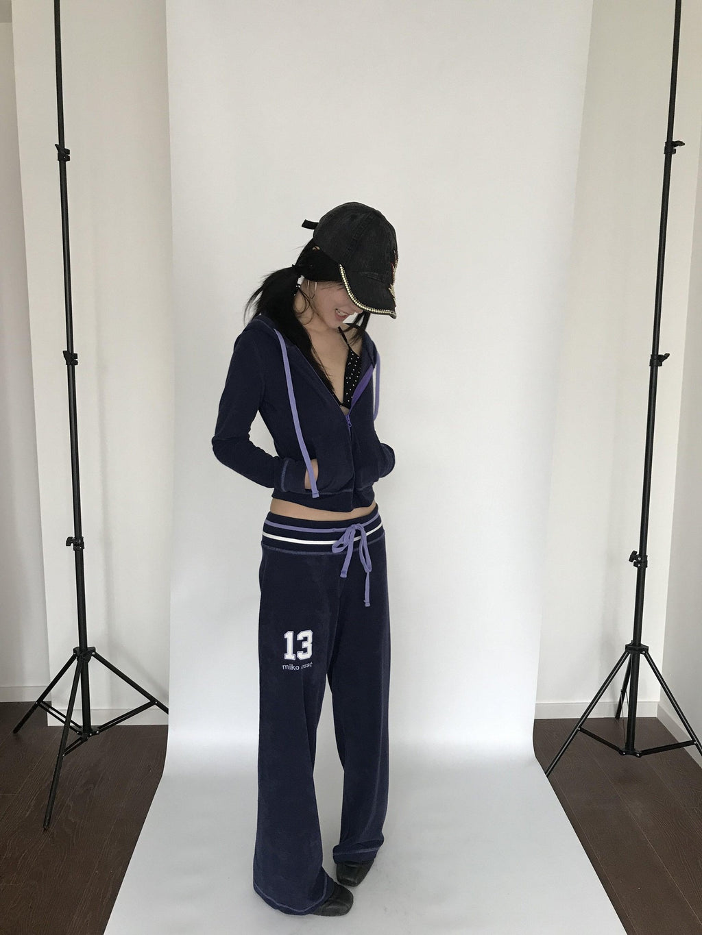 Miko esst Navy Terry Cropped Slim Retro Hooded Women's Cotton Blend Zip-up Hoodies