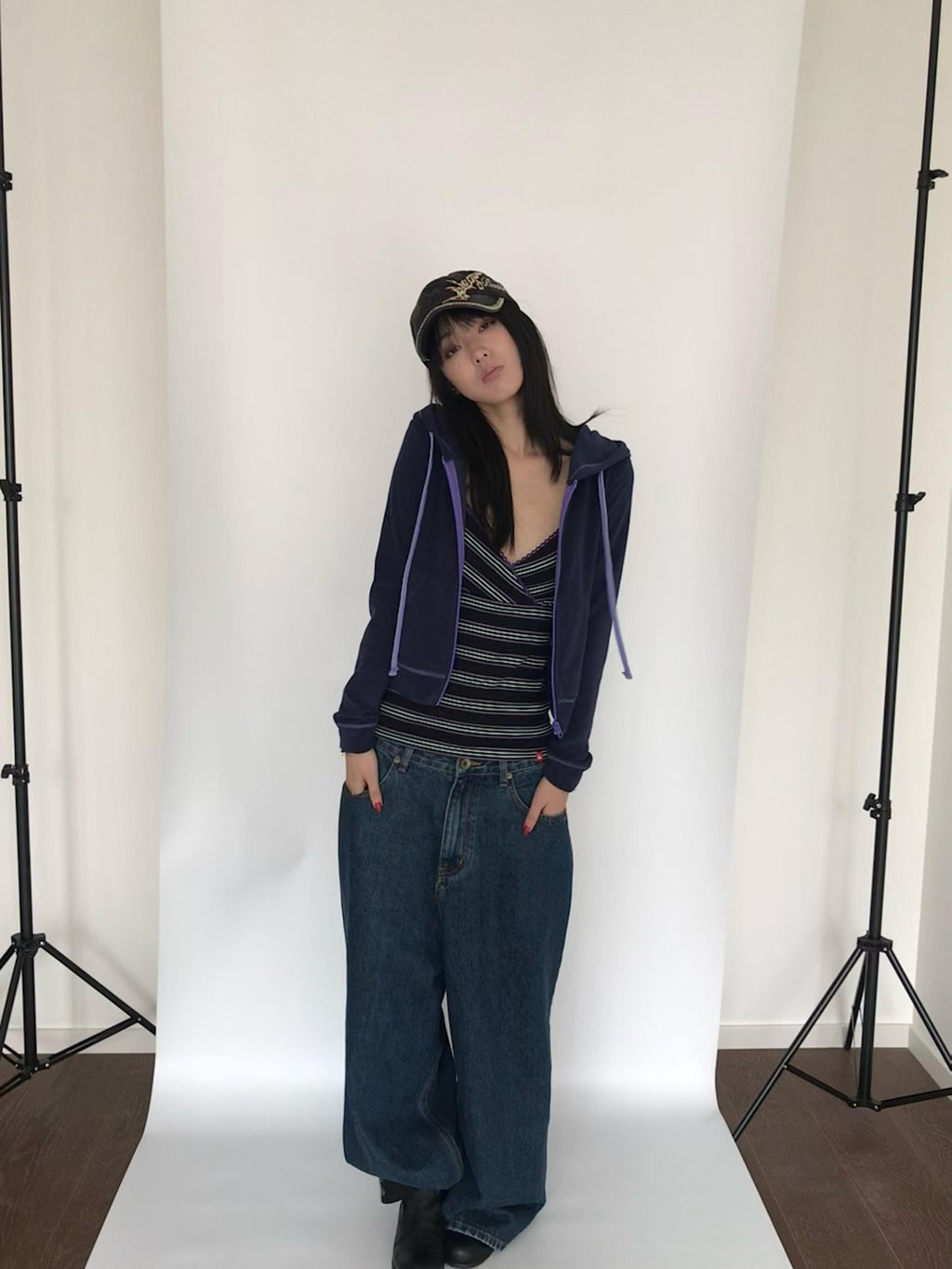 Miko esst Navy Terry Cropped Slim Retro Hooded Women's Cotton Blend Zip-up Hoodies
