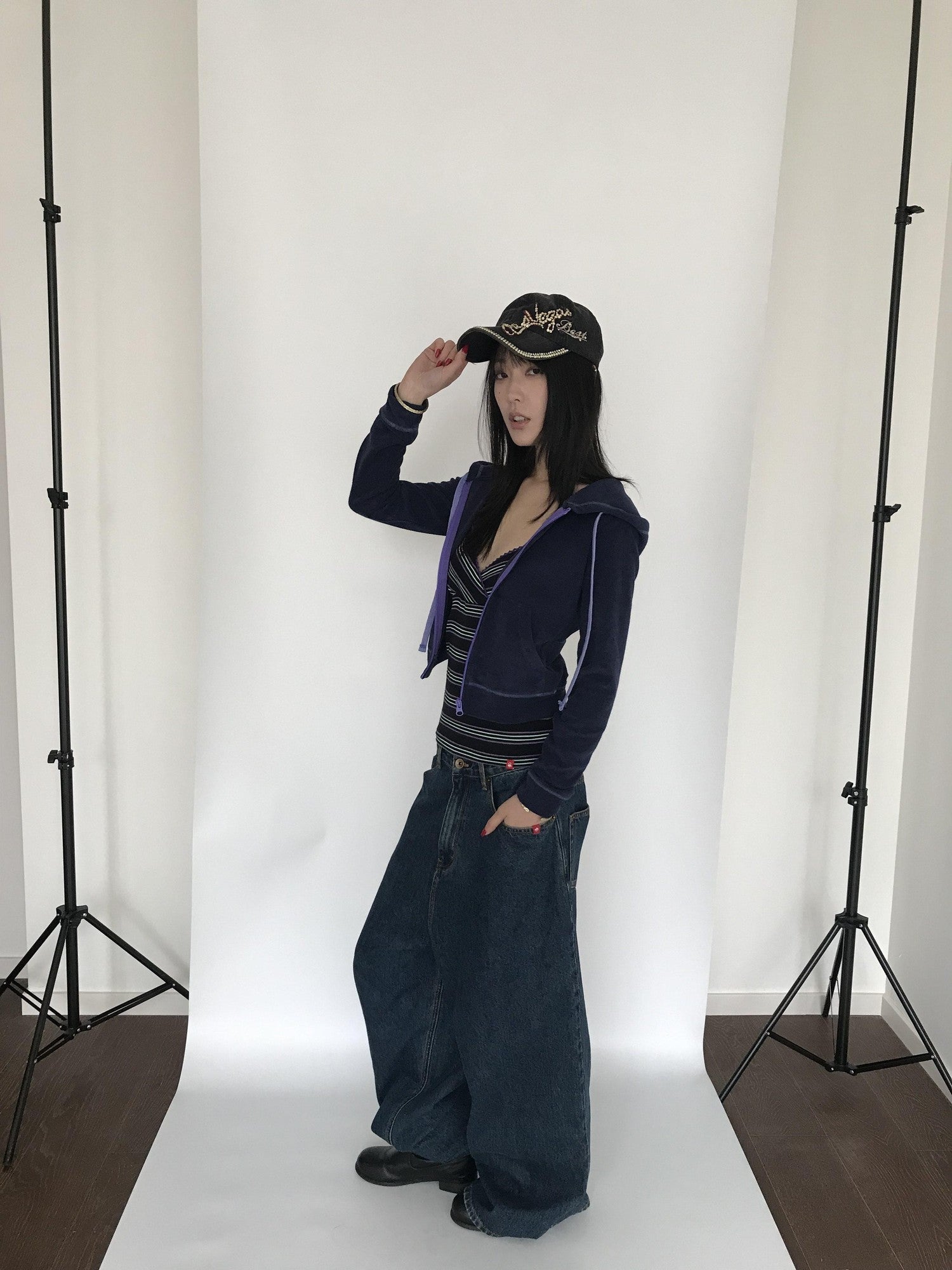 Miko esst Navy Terry Cropped Slim Retro Hooded Women's Cotton Blend Zip-up Hoodies