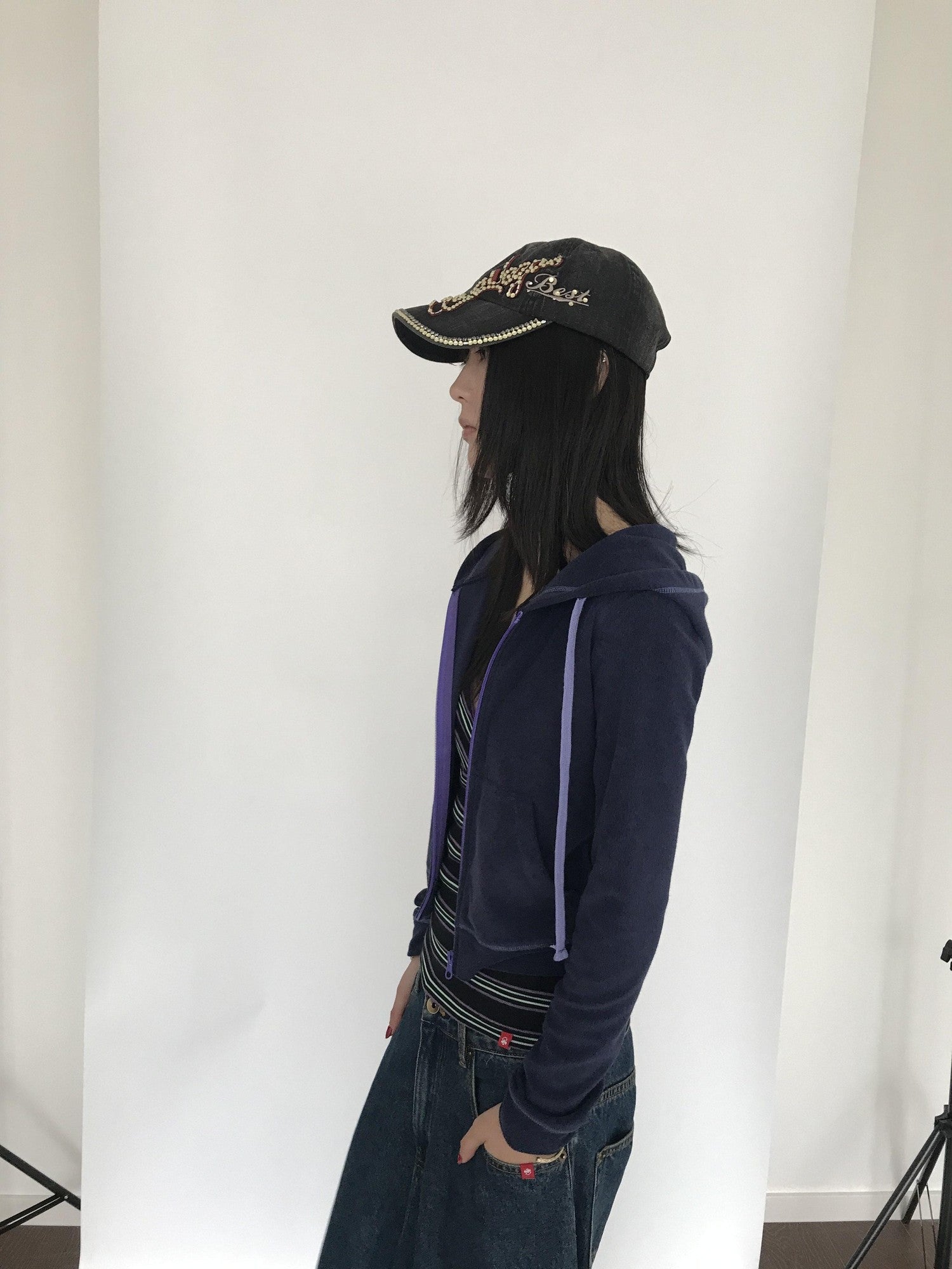Miko esst Navy Terry Cropped Slim Retro Hooded Women's Cotton Blend Zip-up Hoodies