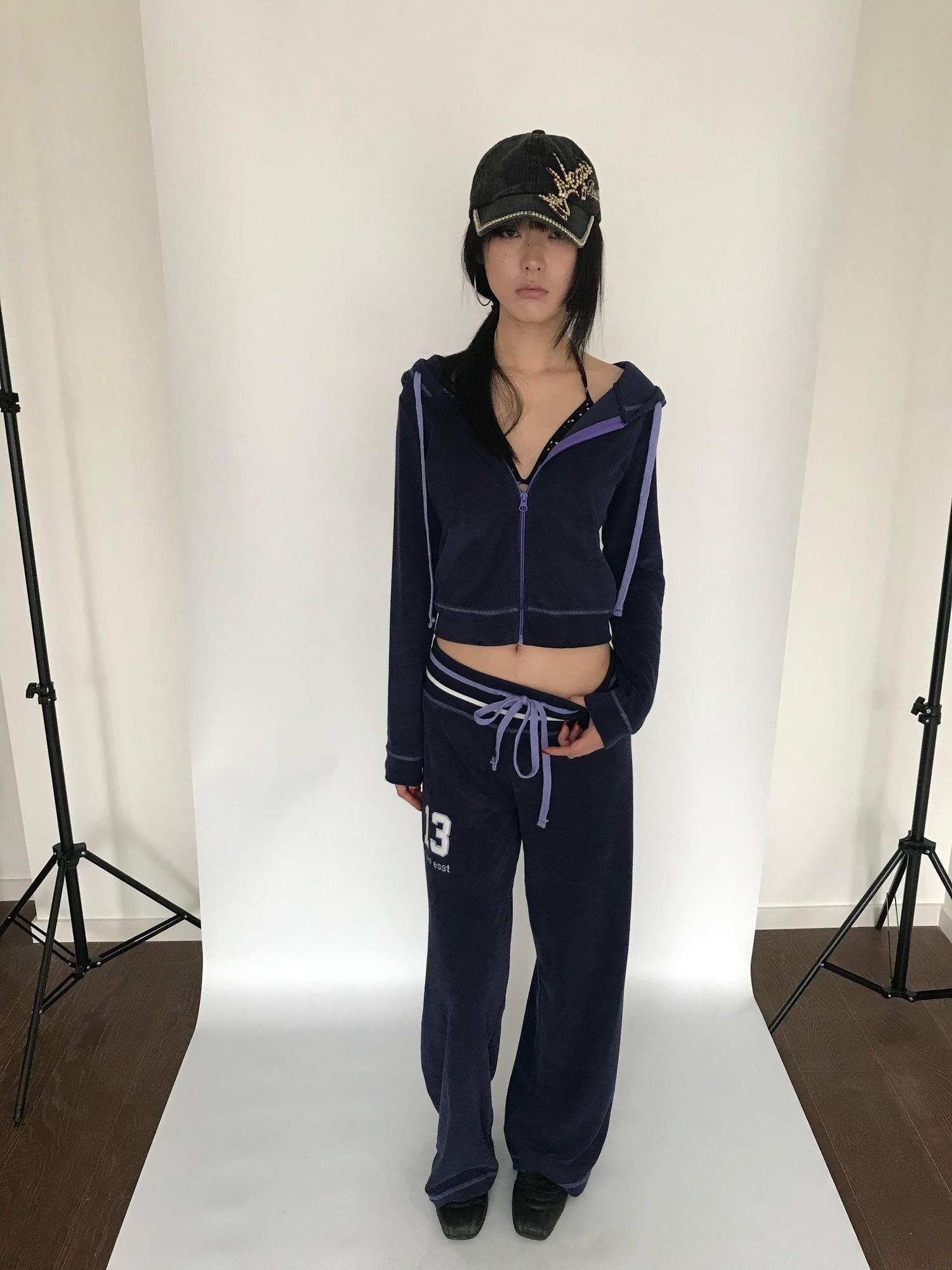 Miko esst Navy Terry Cropped Slim Retro Hooded Women's Cotton Blend Zip-up Hoodies