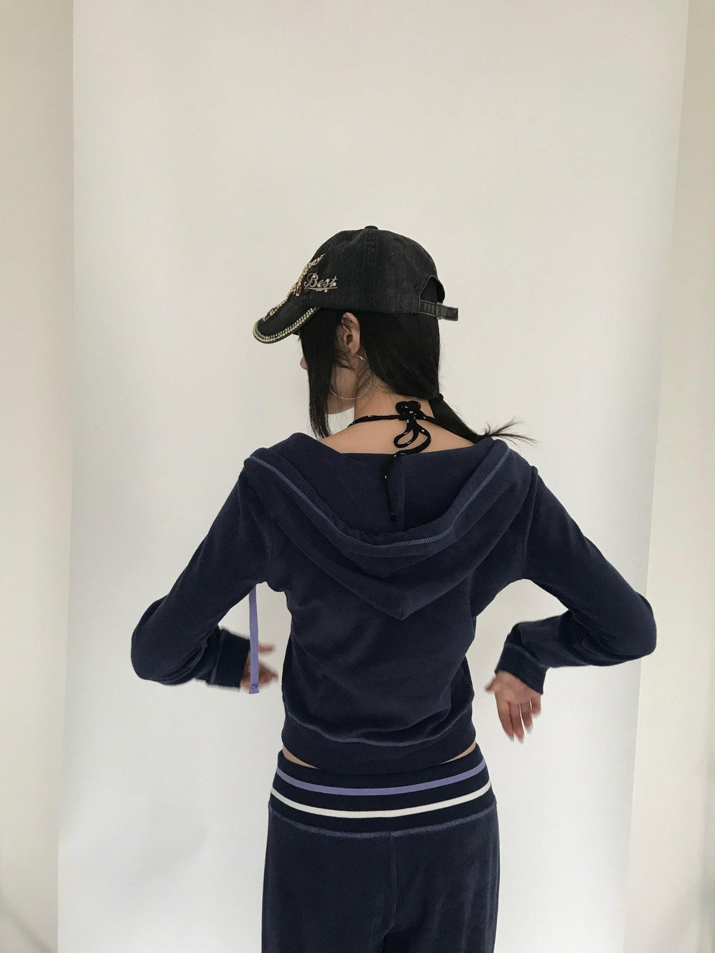 Miko esst Navy Terry Cropped Slim Retro Hooded Women's Cotton Blend Zip-up Hoodies