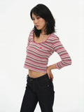 Miko esst Pink Striped Retro V-neck Relaxed Fit Women's Cotton Blend Long Sleeve T-shirts