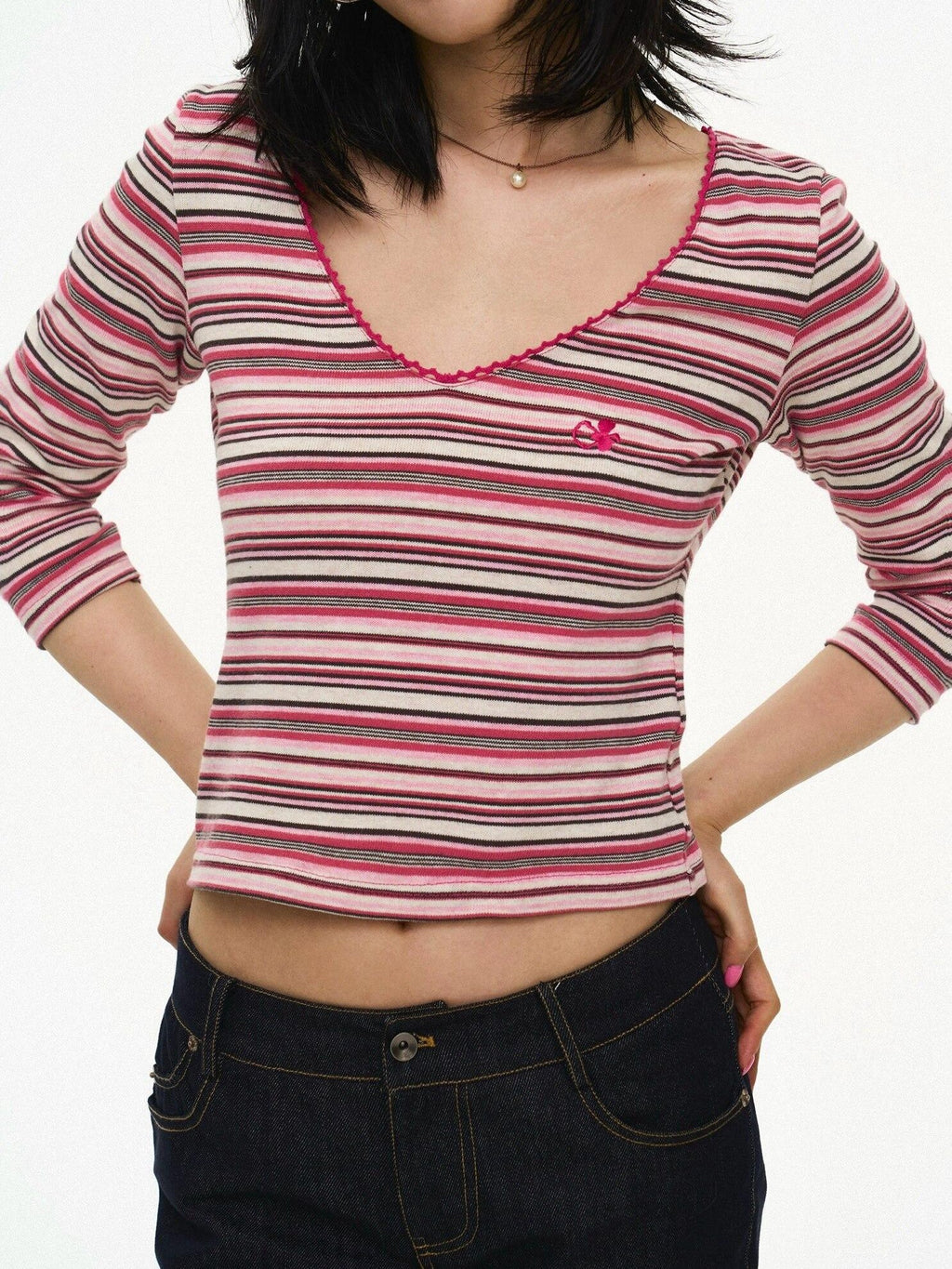 Miko esst Pink Striped Retro V-neck Relaxed Fit Women's Cotton Blend Long Sleeve T-shirts