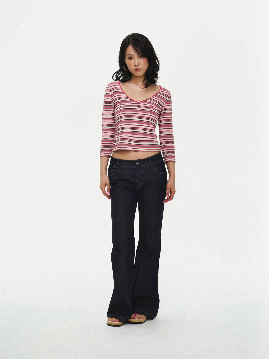 Miko esst Pink Striped Retro V-neck Relaxed Fit Women's Cotton Blend Long Sleeve T-shirts