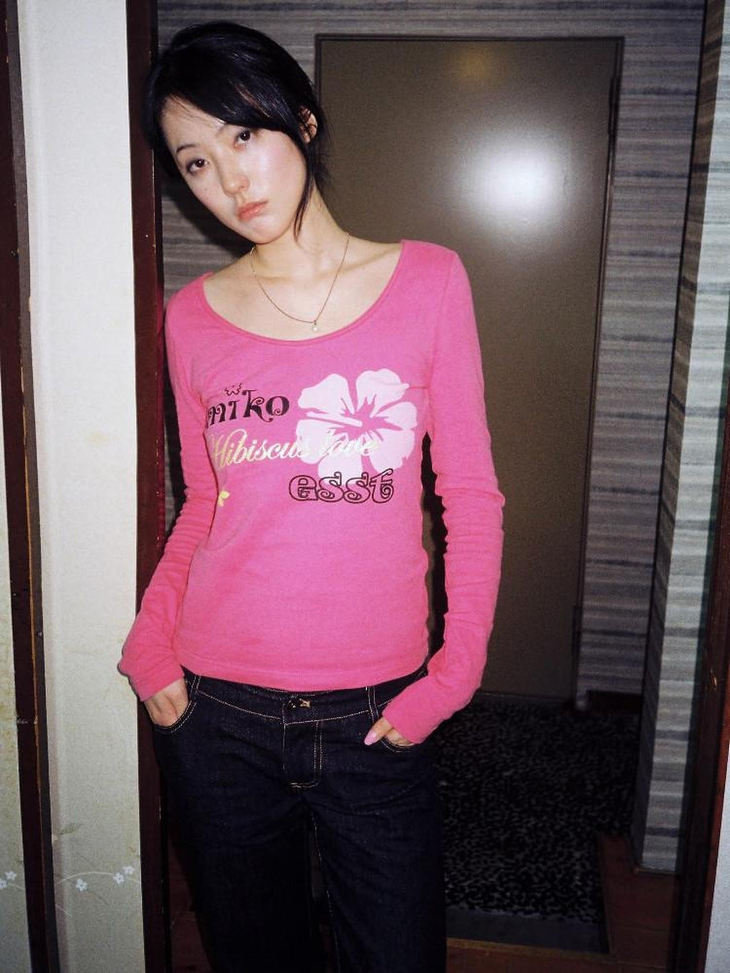 Miko esst Rose Red Vintage Hibiscus Print Slim Women's Pure Cotton Long Sleeve T-shirts