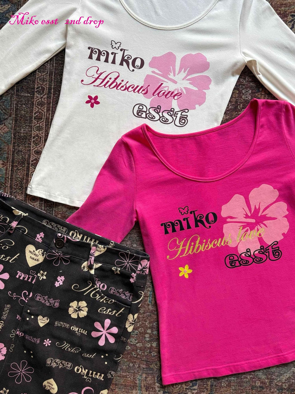 Miko esst Rose Red Vintage Hibiscus Print Slim Women's Pure Cotton Long Sleeve T-shirts