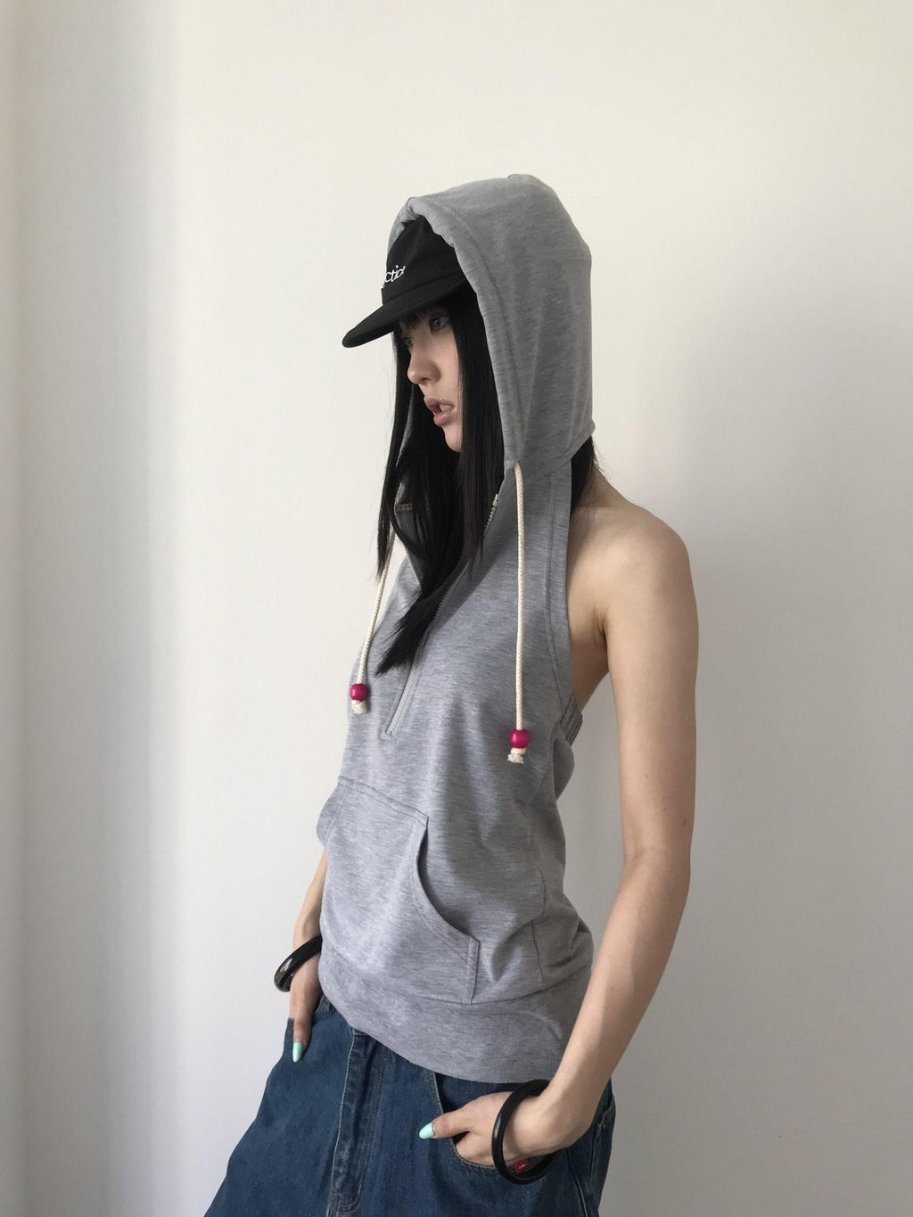 Miko esst Tomboy Japanese Street Hooded Backless Sweatshirt Women's Polycotton Tank Tops