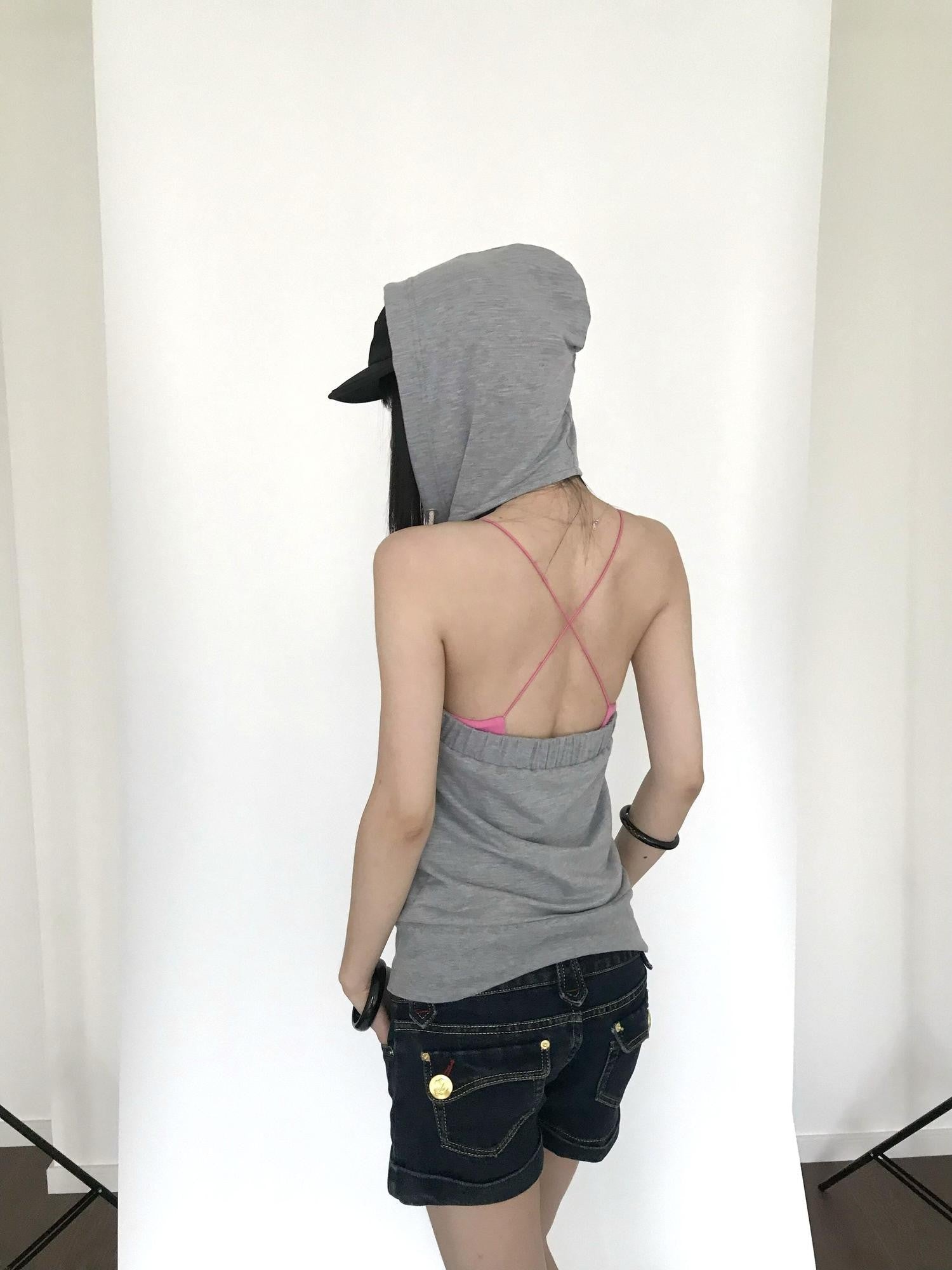 Miko esst Tomboy Japanese Street Hooded Backless Sweatshirt Women's Polycotton Tank Tops