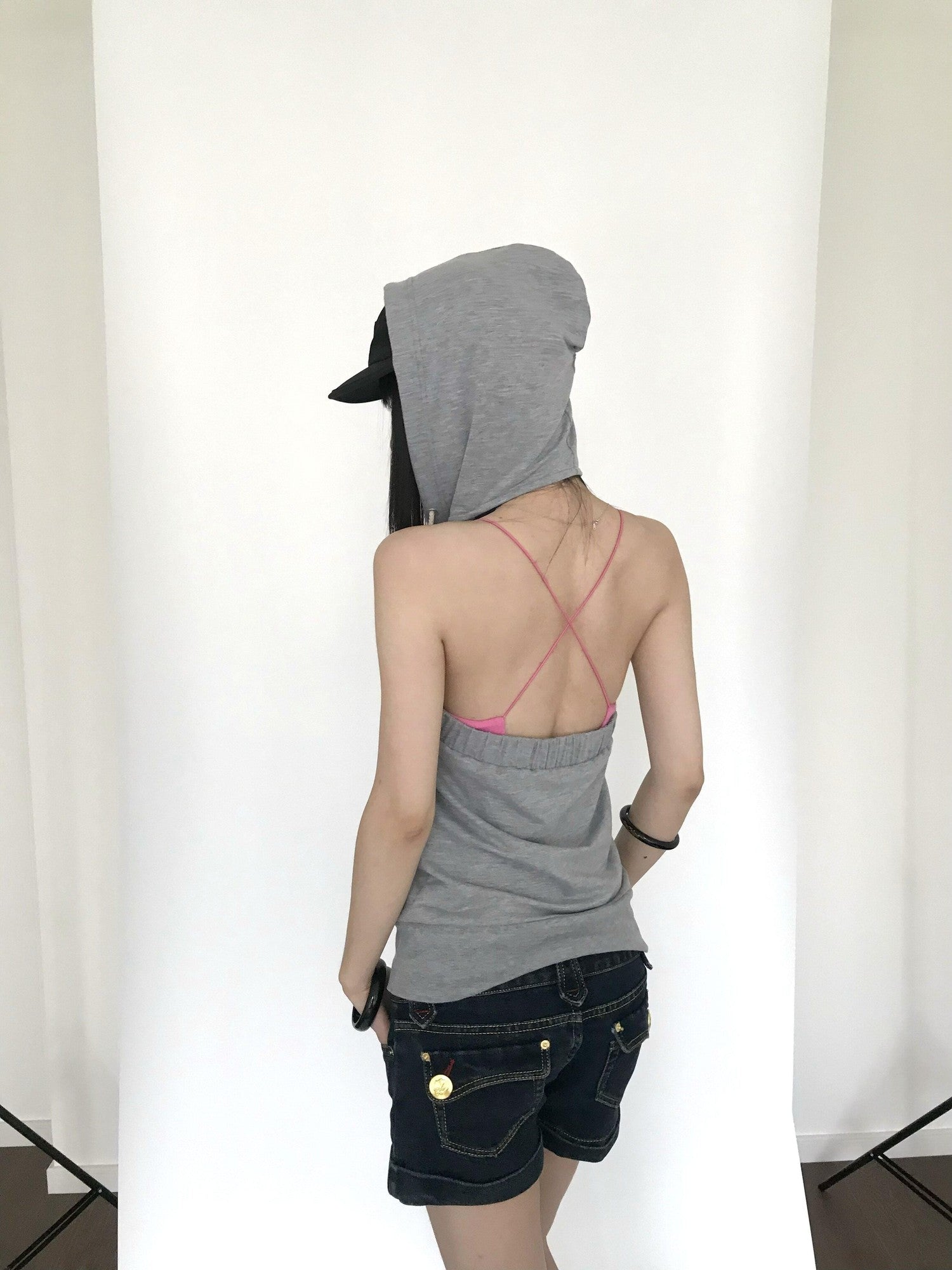 Miko esst Tomboy Japanese Street Hooded Backless Sweatshirt Women's Polycotton Tank Tops