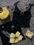 Miko esst Tropical Hibiscus Island Print Wood Button Women's Tank Tops