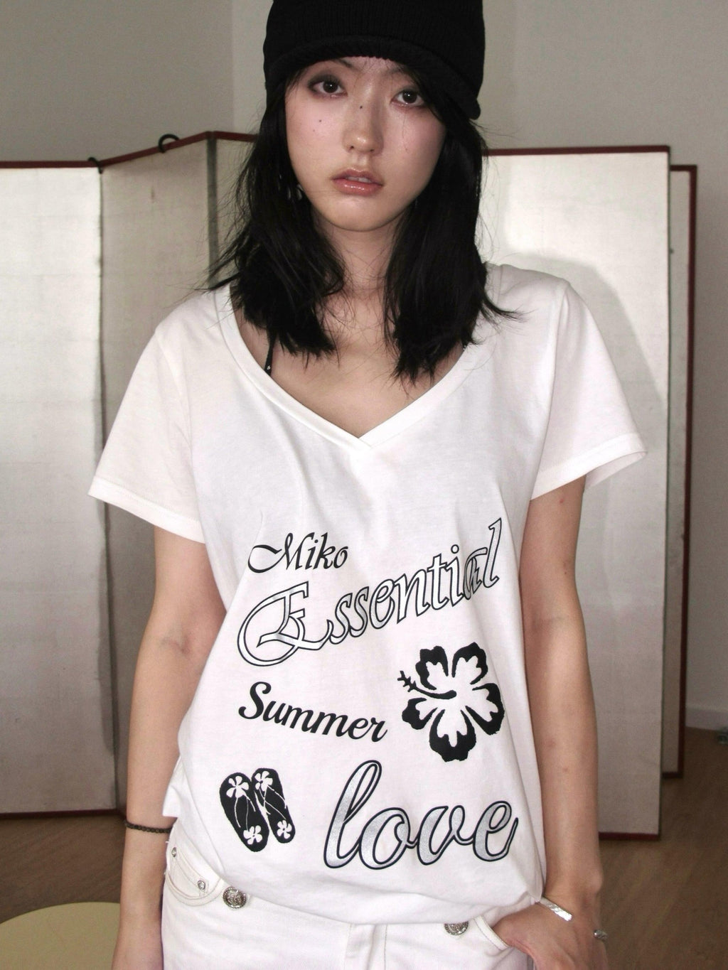 Miko esst V-neck Cross Print Slanted Shoulder Loose Women's Cotton Off-shoulder T-shirts