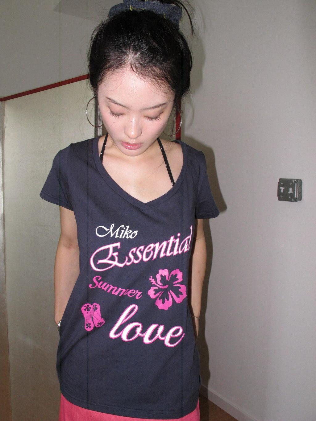 Miko esst V-neck Cross Print Slanted Shoulder Loose Women's Cotton Off-shoulder T-shirts