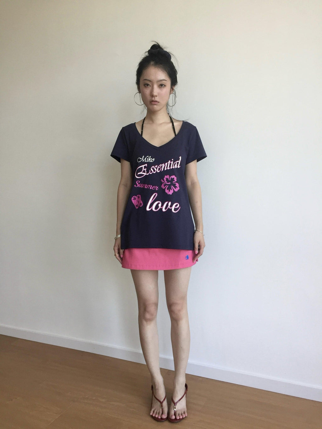 Miko esst V-neck Cross Print Slanted Shoulder Loose Women's Cotton Off-shoulder T-shirts