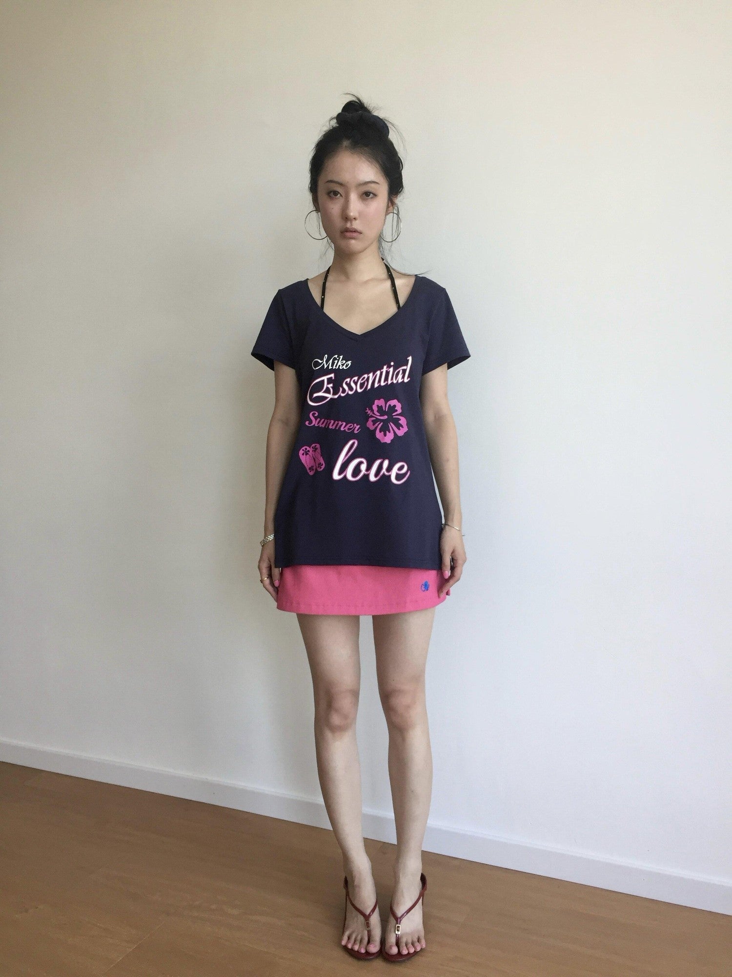 Miko esst V-neck Cross Print Slanted Shoulder Loose Women's Cotton Off-shoulder T-shirts