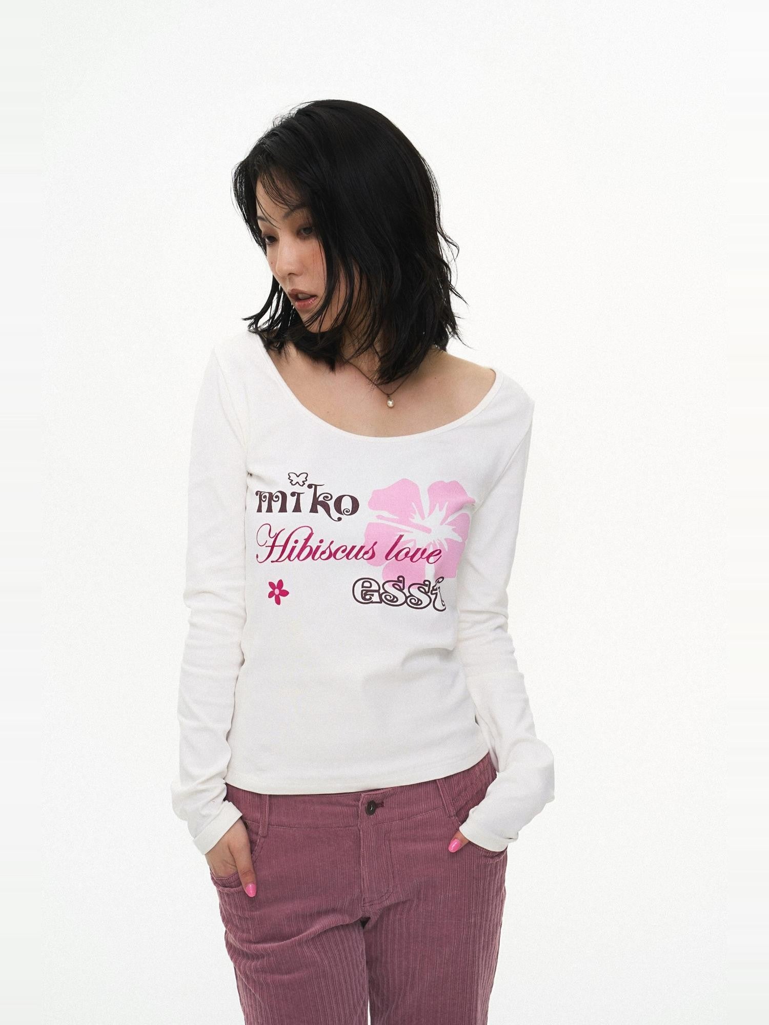 Miko esst Vintage Hibiscus Floral Print Slim Fit Women's Cotton Blend Long Sleeve T-shirts