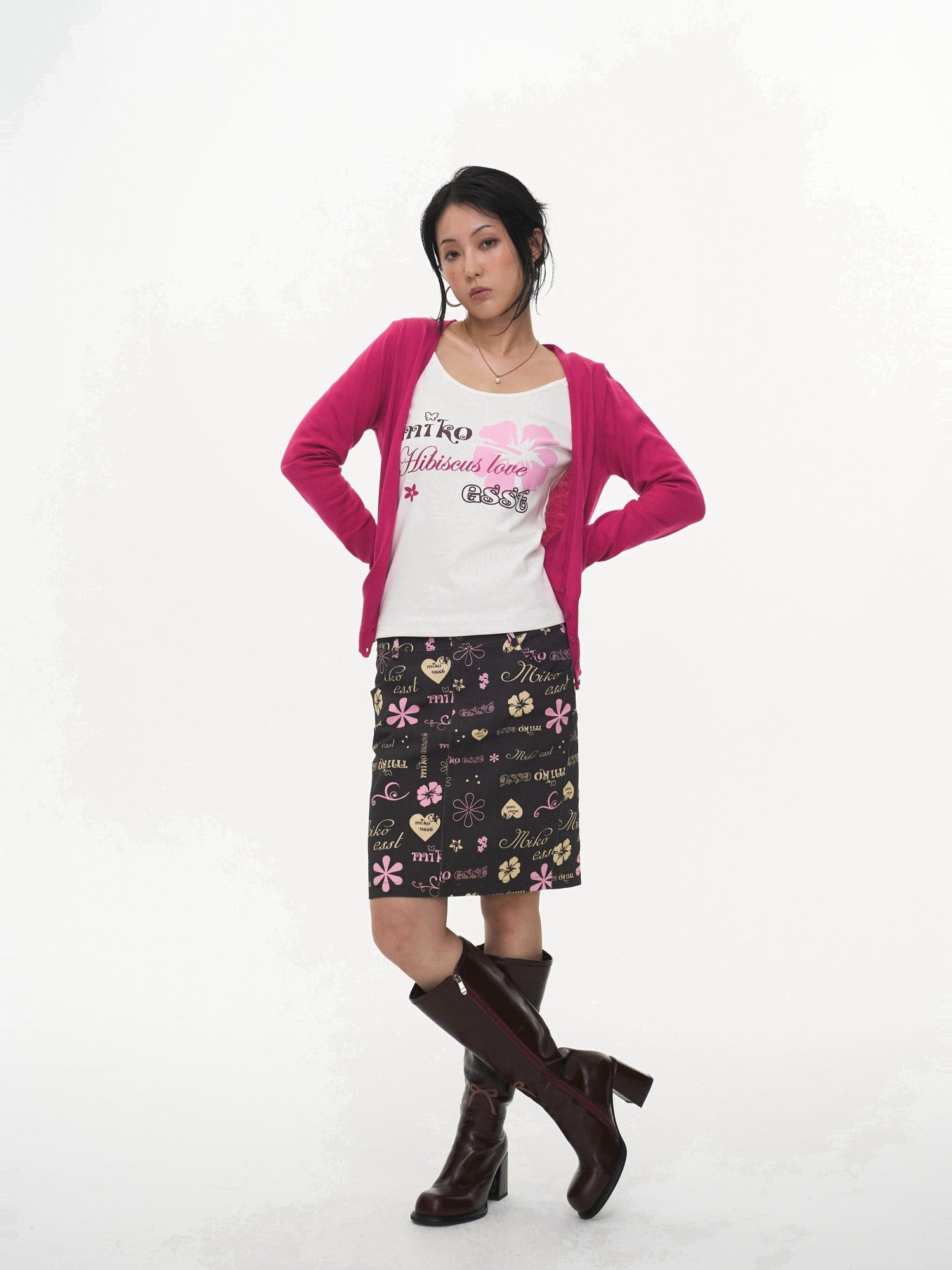Miko esst Vintage Hibiscus Floral Print Slim Fit Women's Cotton Blend Long Sleeve T-shirts