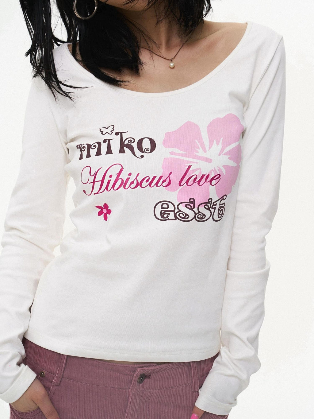Miko esst Vintage Hibiscus Floral Print Slim Fit Women's Cotton Blend Long Sleeve T-shirts