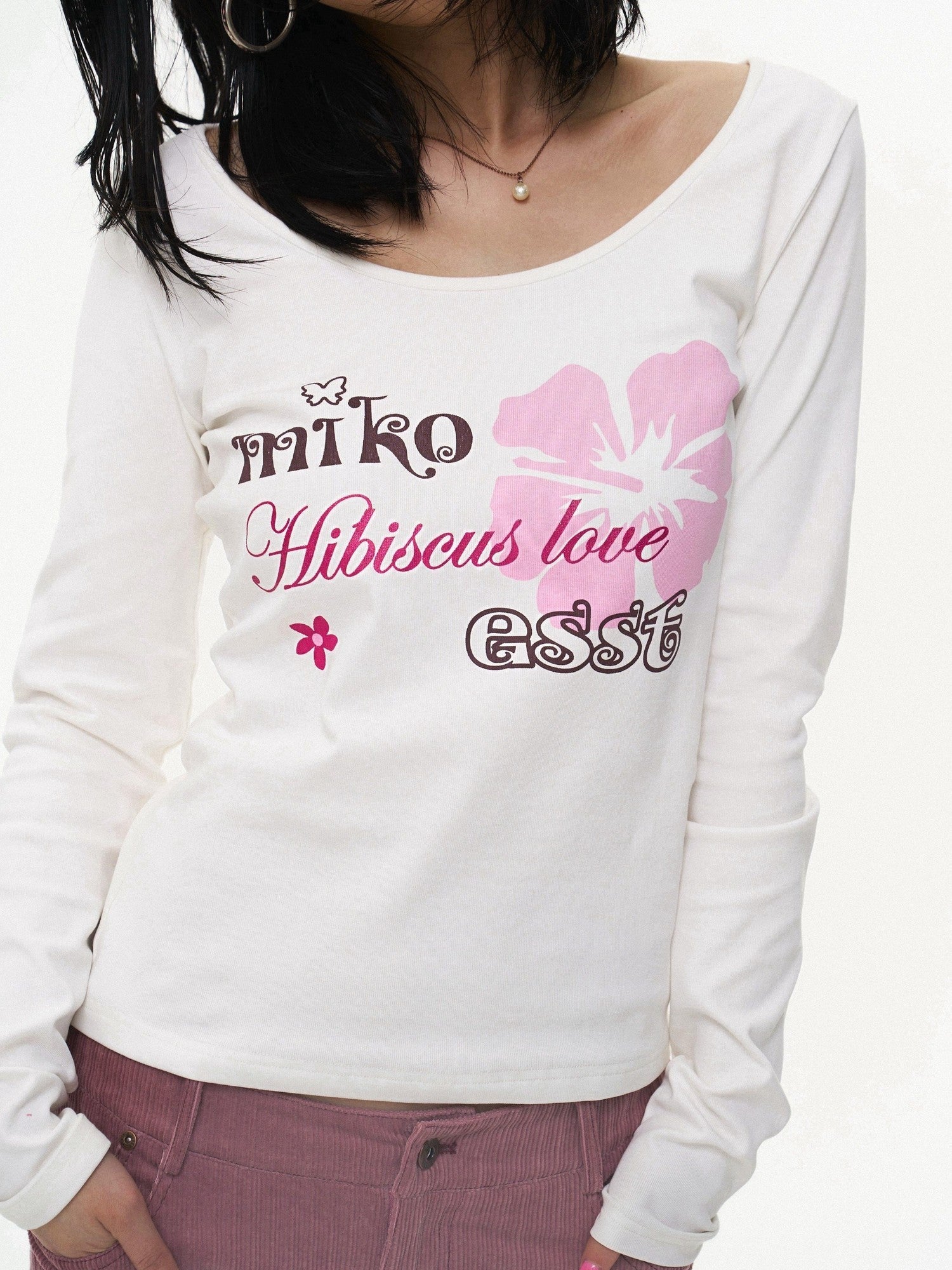 Miko esst Vintage Hibiscus Floral Print Slim Fit Women's Cotton Blend Long Sleeve T-shirts