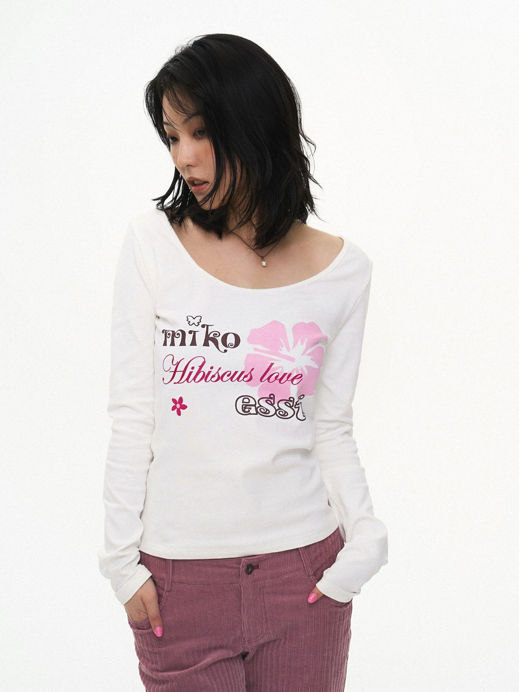Miko esst Vintage Hibiscus Floral Print Slim Fit Women's Cotton Blend Long Sleeve T-shirts