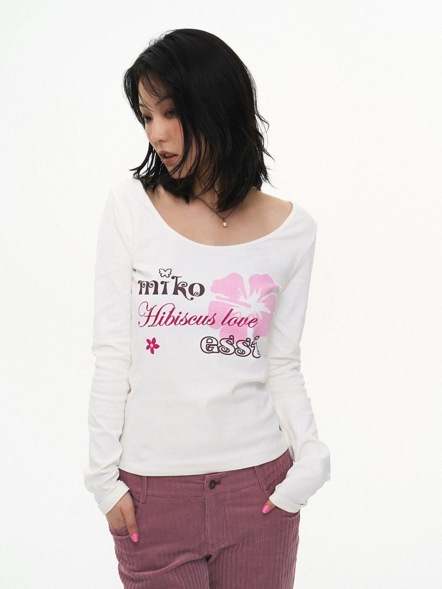 Miko esst Vintage Hibiscus Floral Print Slim Fit Women's Cotton Blend Long Sleeve T-shirts