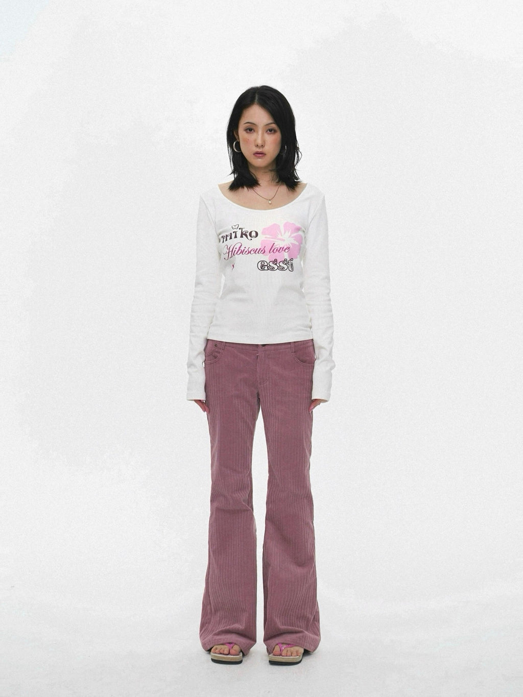 Miko esst Vintage Hibiscus Floral Print Slim Fit Women's Cotton Blend Long Sleeve T-shirts