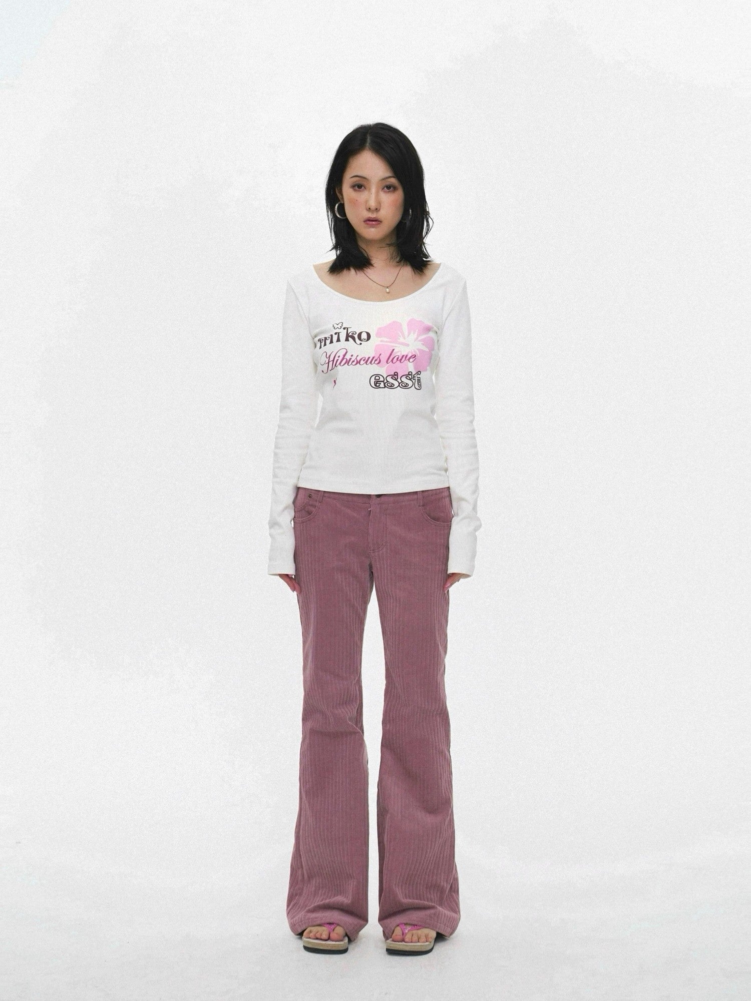 Miko esst Vintage Hibiscus Floral Print Slim Fit Women's Cotton Blend Long Sleeve T-shirts