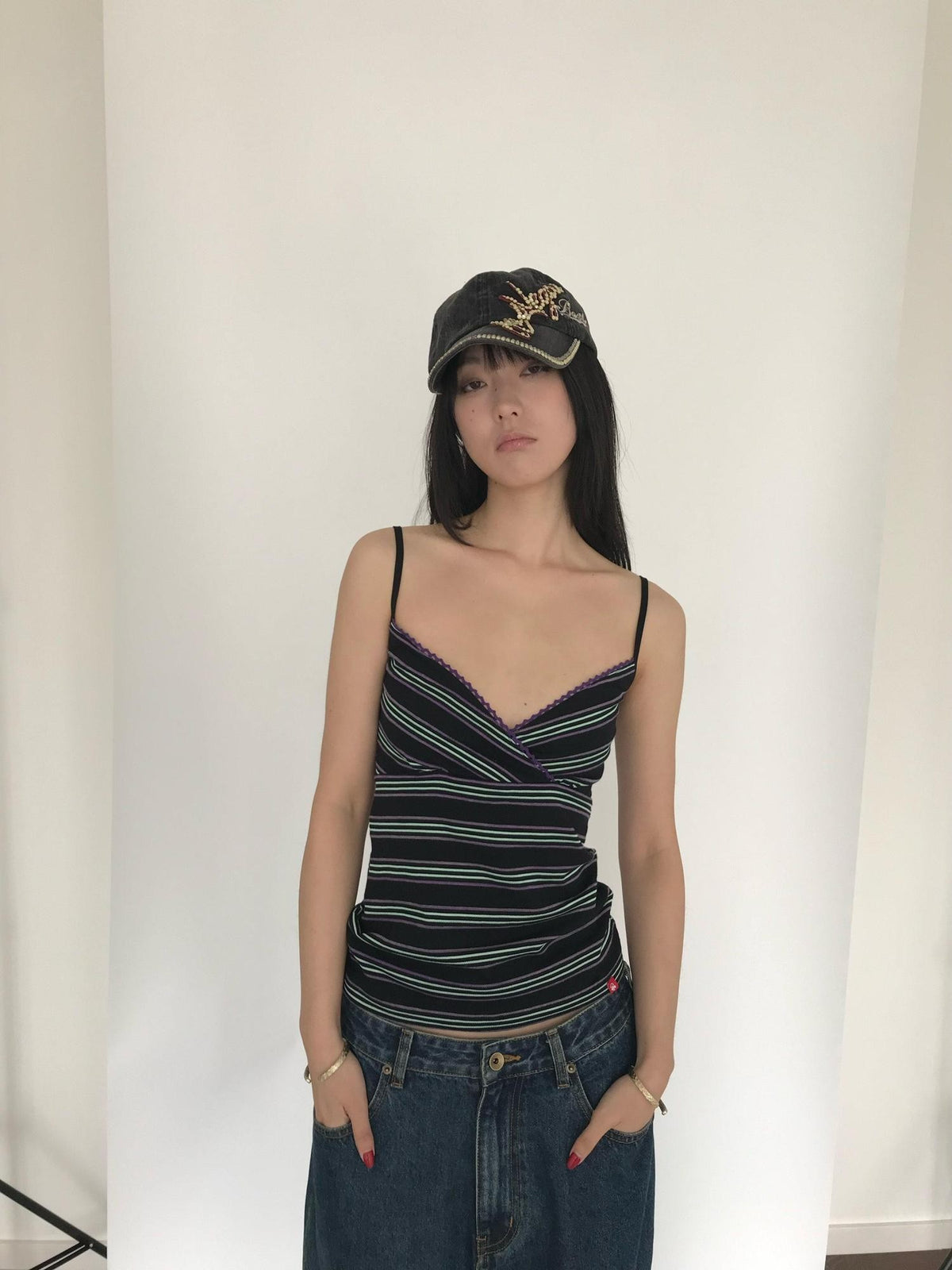 Miko esst Vintage Striped Colorblock V-neck Slim Fit Side Coverage Women's Camisoles