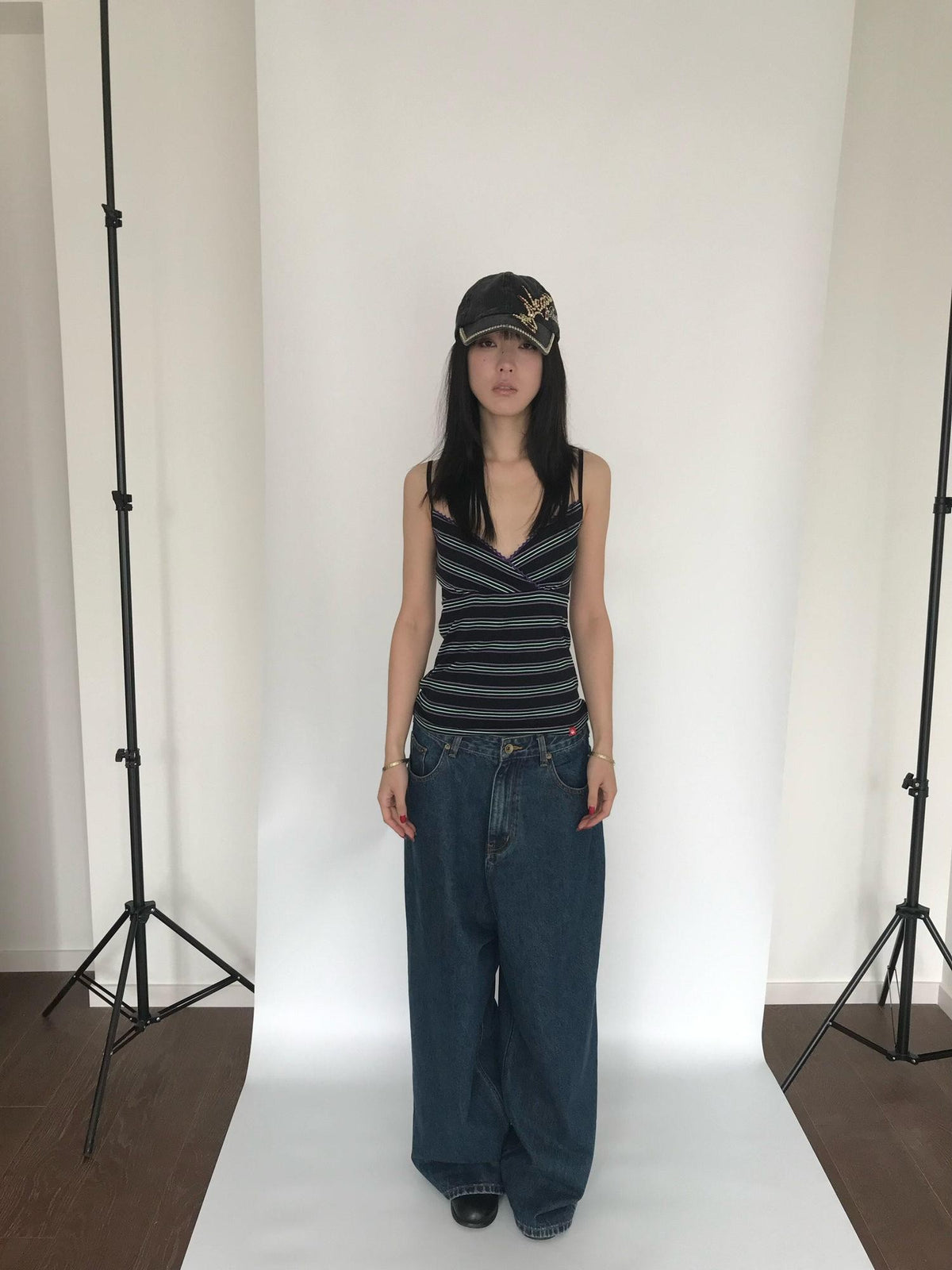 Miko esst Vintage Striped Colorblock V-neck Slim Fit Side Coverage Women's Camisoles