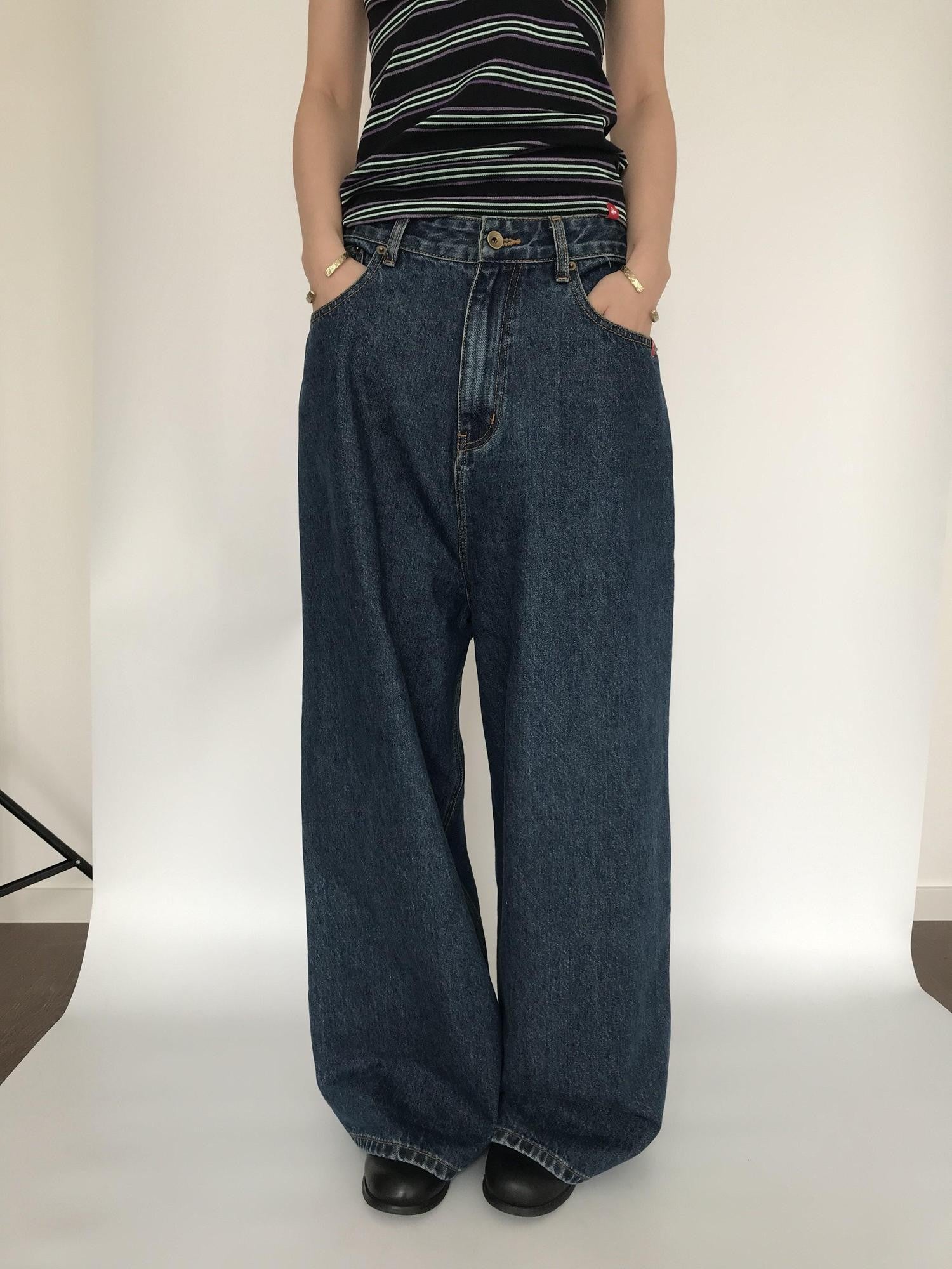 Miko esst Vintage Washed Low Rise Retro Baggy Women's Denim Wide-leg Jeans