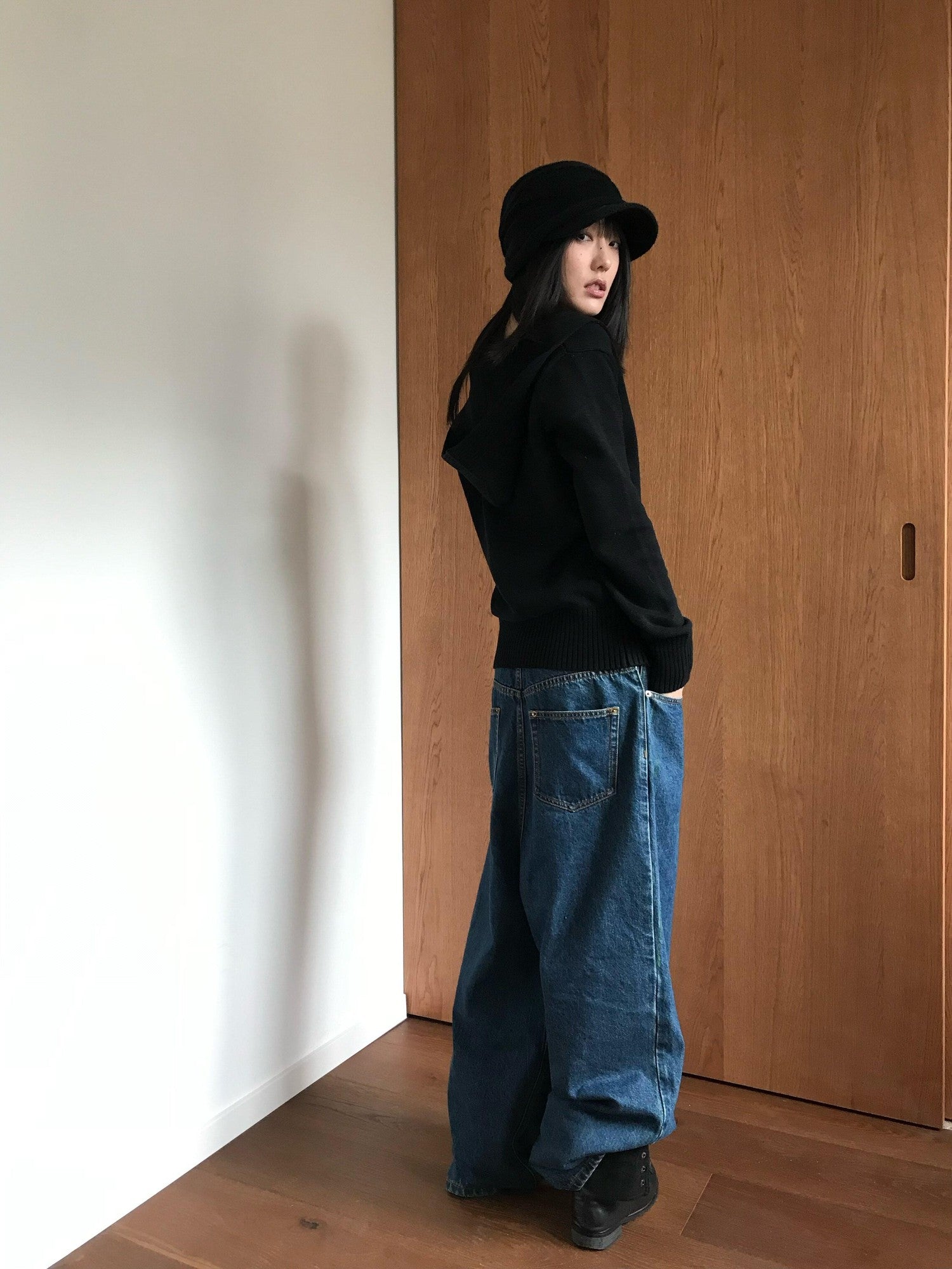 Miko esst Vintage Washed Low Rise Retro Baggy Women's Denim Wide-leg Jeans