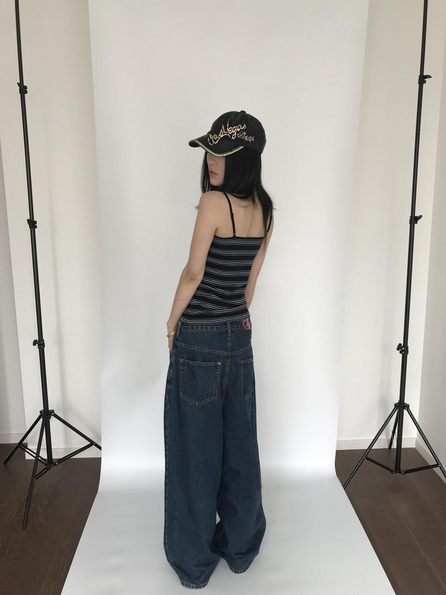 Miko esst Vintage Washed Low Rise Retro Baggy Women's Denim Wide-leg Jeans