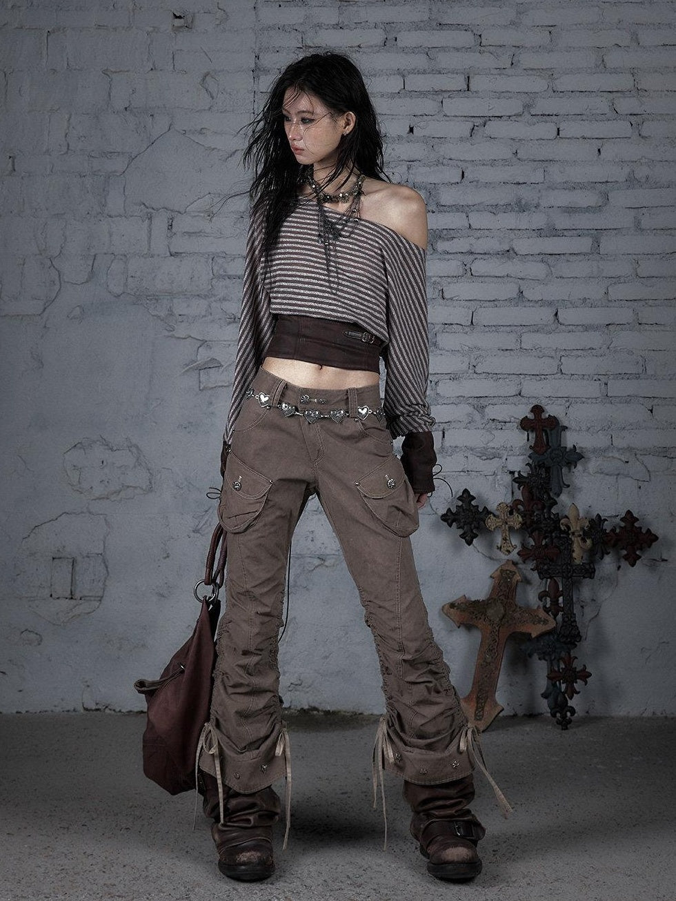 NO ROMANCE 100 Percent Cotton Slim Cargo Original Natural Waist Girls Beige Straight Pants